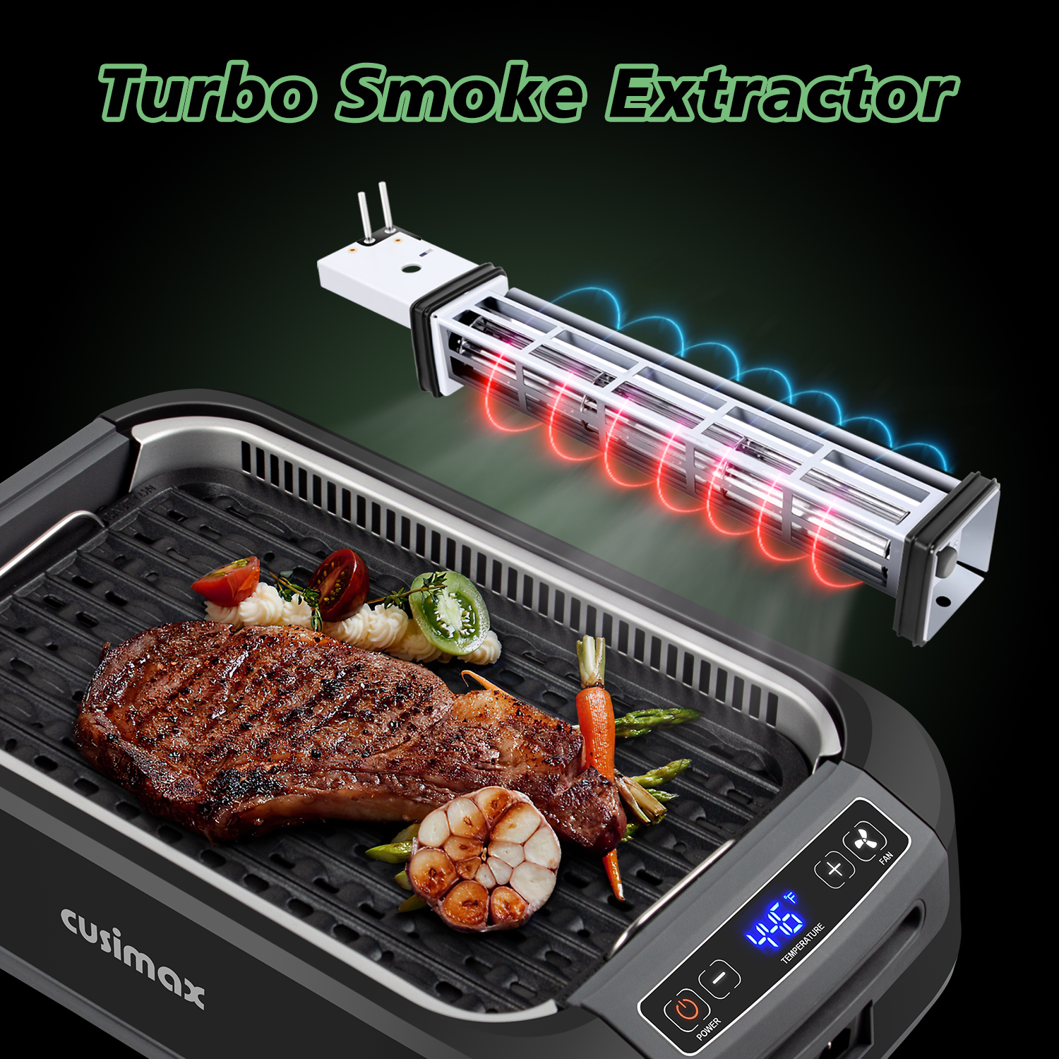 Cusimax 1500W Smokeless Indoor Grill with LED Smart Display & Non-stick Removable Grill Plate,Tempered Glass Lid,Turbo Smoke Extractor,212℉ to 446℉