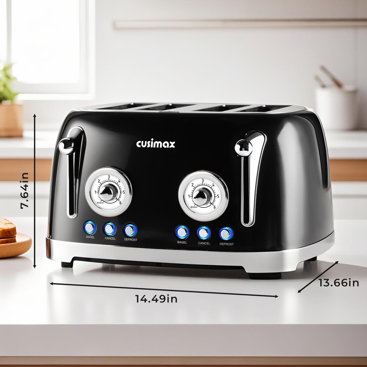 Cusimax Retro Toaster 4 Slice with Extra Wide Slots for Bagels and Waffles,6 Browning Levels and 4 Functions,Stainless Steel Toaster with Auto Shut-off and Cancel Button,Removable Crumb Tray