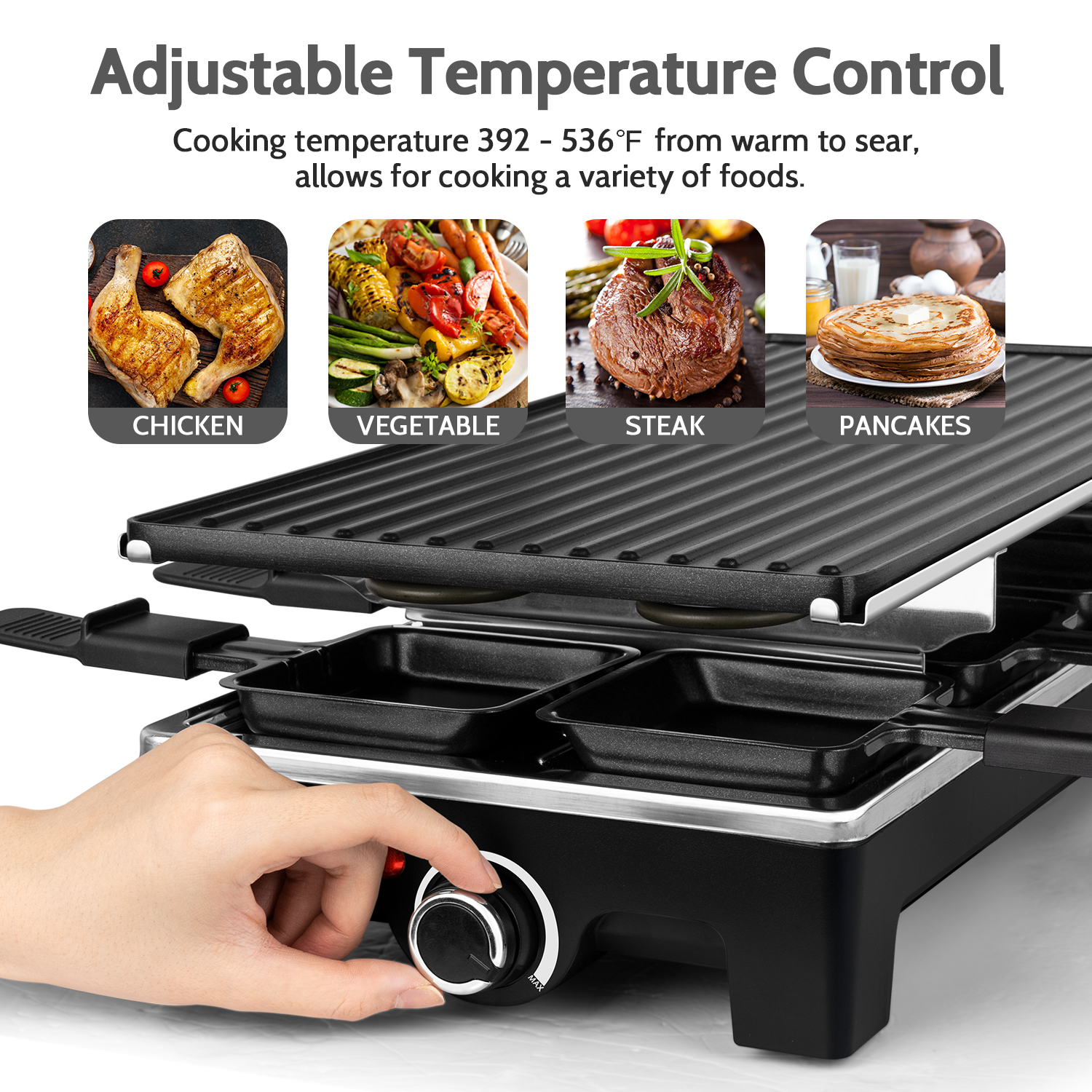 Electric Raclette Table Grill,Cusimax Portable Indoor BBQ Grill With 2 In 1  Reversible Non-Stick Plate & Natural Grill Stone,Electric Tabletop Cooker  For BBQ&Family Fun
