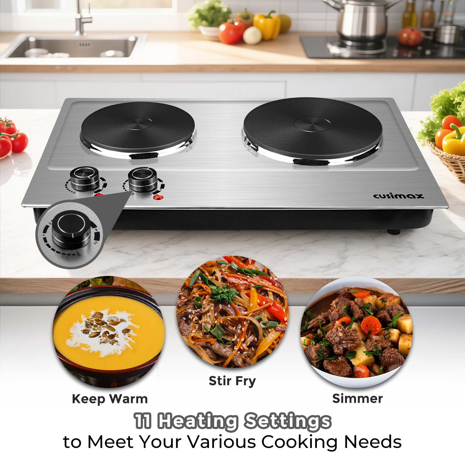 Cusimax 1800W Portable Double Hot Plate,Stainless Steel Countertop Cooktop,Cast Iron Electric Double Burner,Easy To Clean