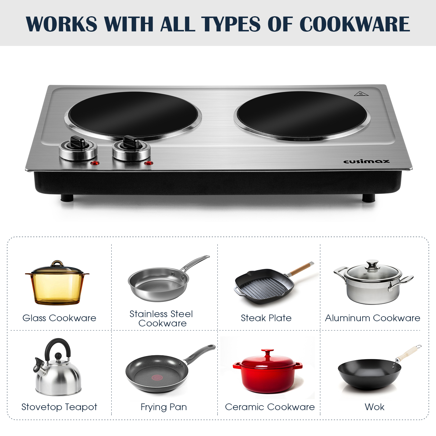 Cusimax 2400W Double Burner - Portable Electric Ceramic Hot Plate with Infrared Heating, Dual Temperature Control, Fast Heat-Up, Sleek Silver Design(UK)