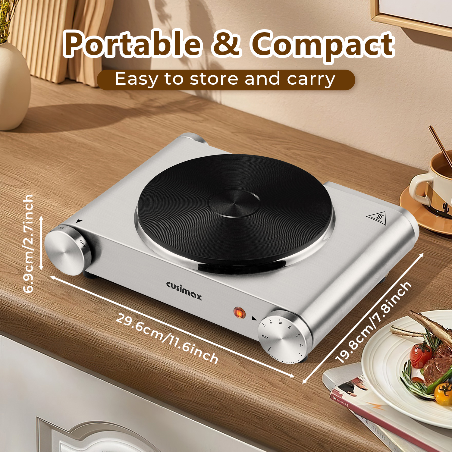 Cusimax Electric Hot Plate For Cooking,1500W Stainless Steel Single Burner With Temperature Control,For All Cookware,Great For RV/Home/Camping