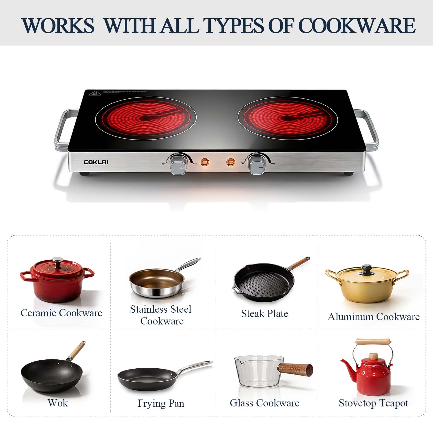 SP COKLAI Double Burner Infrared Glass Electric Hot Plate, Portable Cooktop with Adjustable Temperature, Easy-Clean Surface for Kitchen, Dorm, RV & Camping