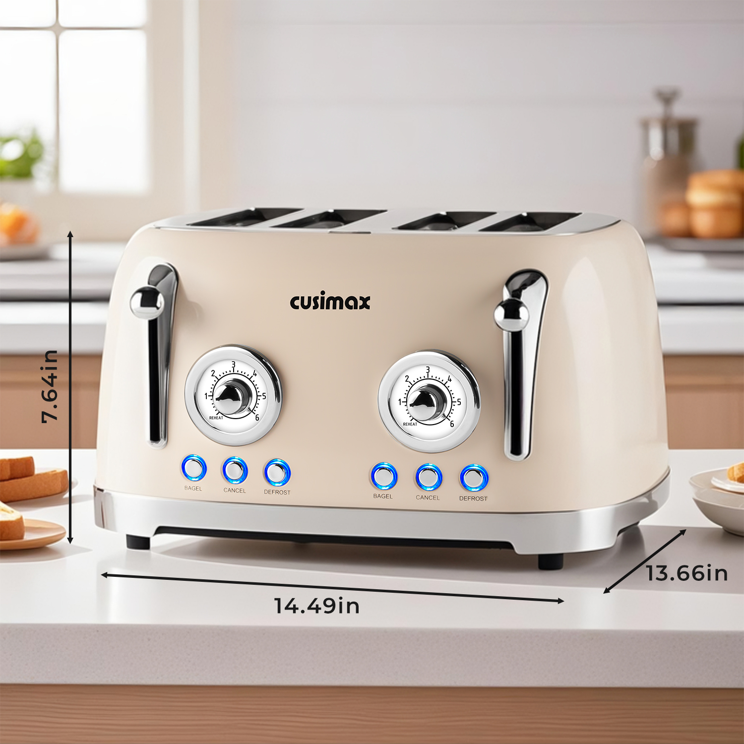 Cusimax Retro Toaster 4 Slice with Extra Wide Slots for Bagels and Waffles,6 Browning Levels and 4 Functions,Stainless Steel Toaster with Auto Shut-off and Cancel Button,Removable Crumb Tray