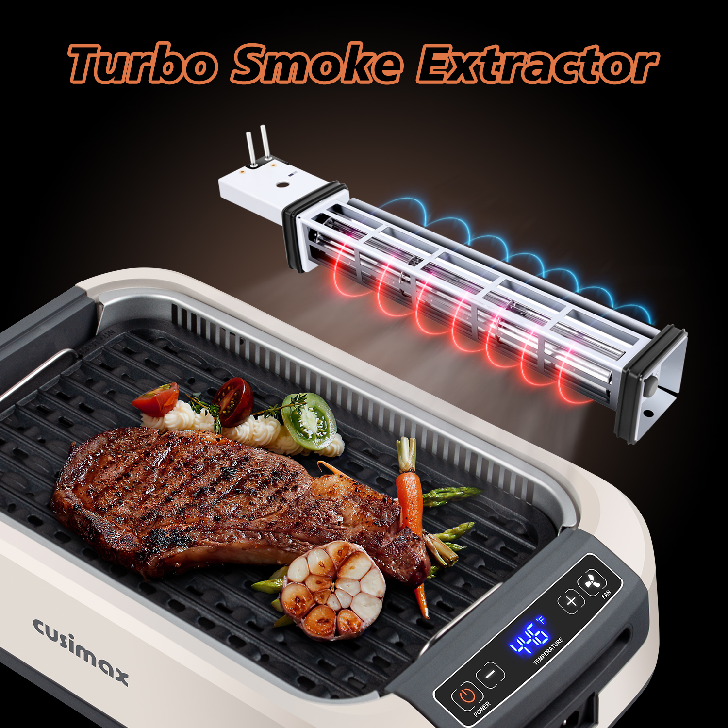 Cusimax 1500W Smokeless Indoor Grill with LED Smart Display & Non-stick Removable Grill Plate,Tempered Glass Lid,Turbo Smoke Extractor,212℉ to 446℉