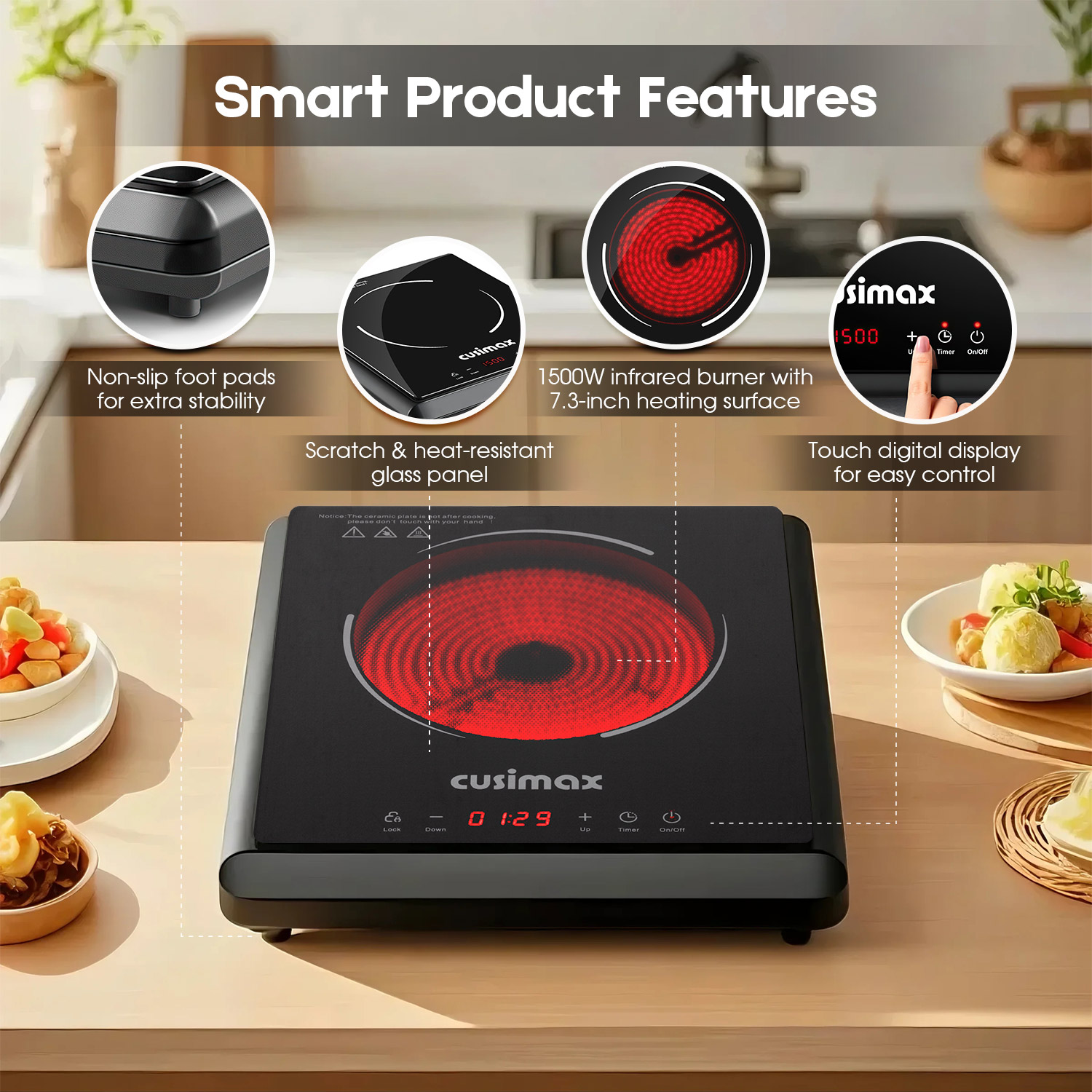 CUSIMAX 1500W Hot Plate, Portable Infrared Electric Stove For Home With 7 Speed,Ceramic Countertop Stove Sensor Touch,Kids Safety Lock And Timer,Compatible For All Cookwares