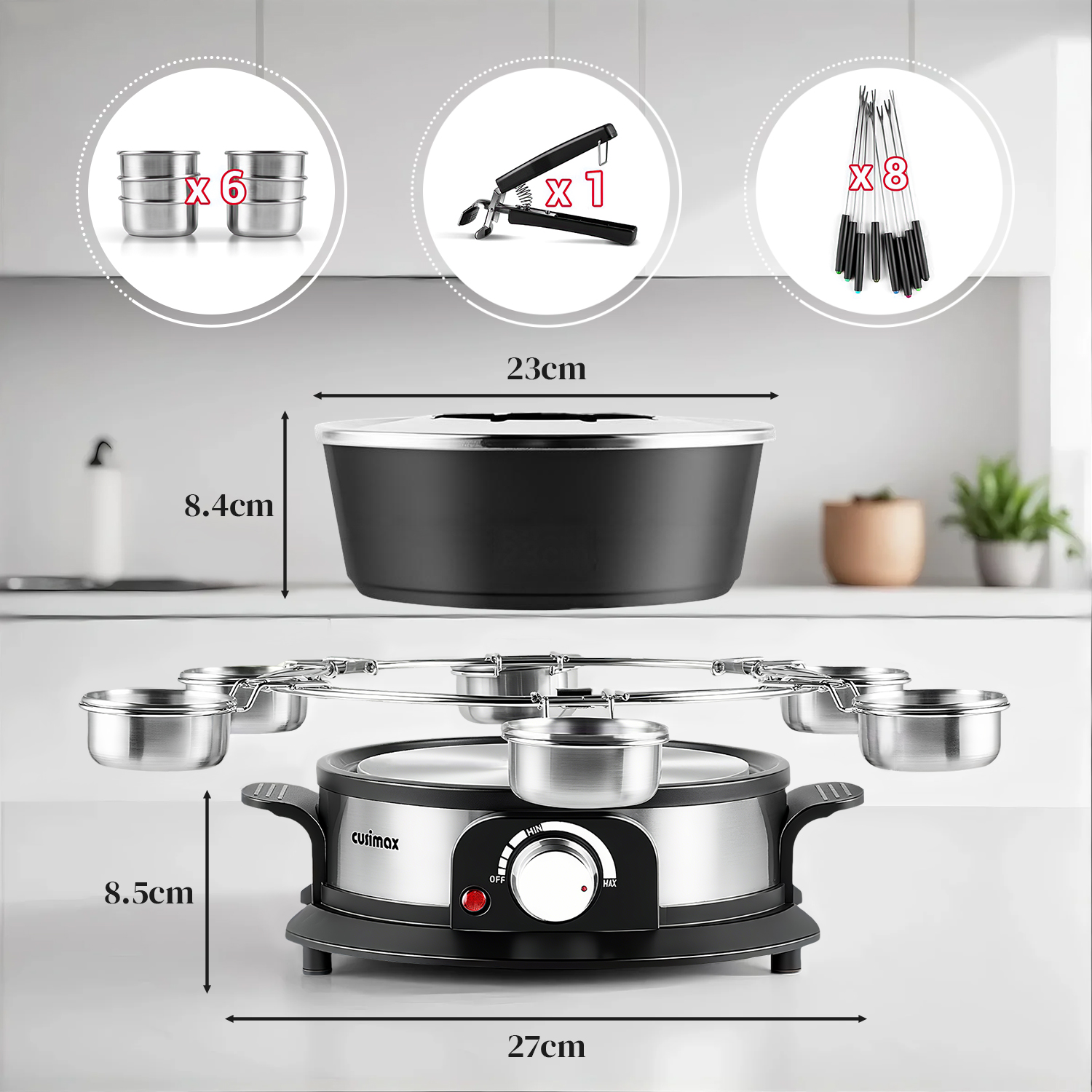 CUSIMAX 1300W Electric Fondue Set – 2L Non-Stick Pot with Temperature Knob, Includes 8 Forks, 6 Cups & Removable Anti-Scald Handle – Perfect for Cheese, Chocolate & Broth（DE）