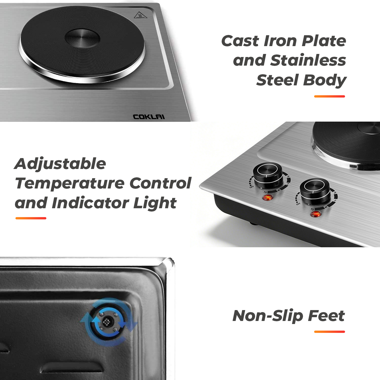 SP Coklai 1800W Portable Double Burner Hot Plate – Stainless Steel Countertop Electric Cooktop with Dual Cast Iron Heating Plates, Easy-to-Clean Silver Design, 2026 Version