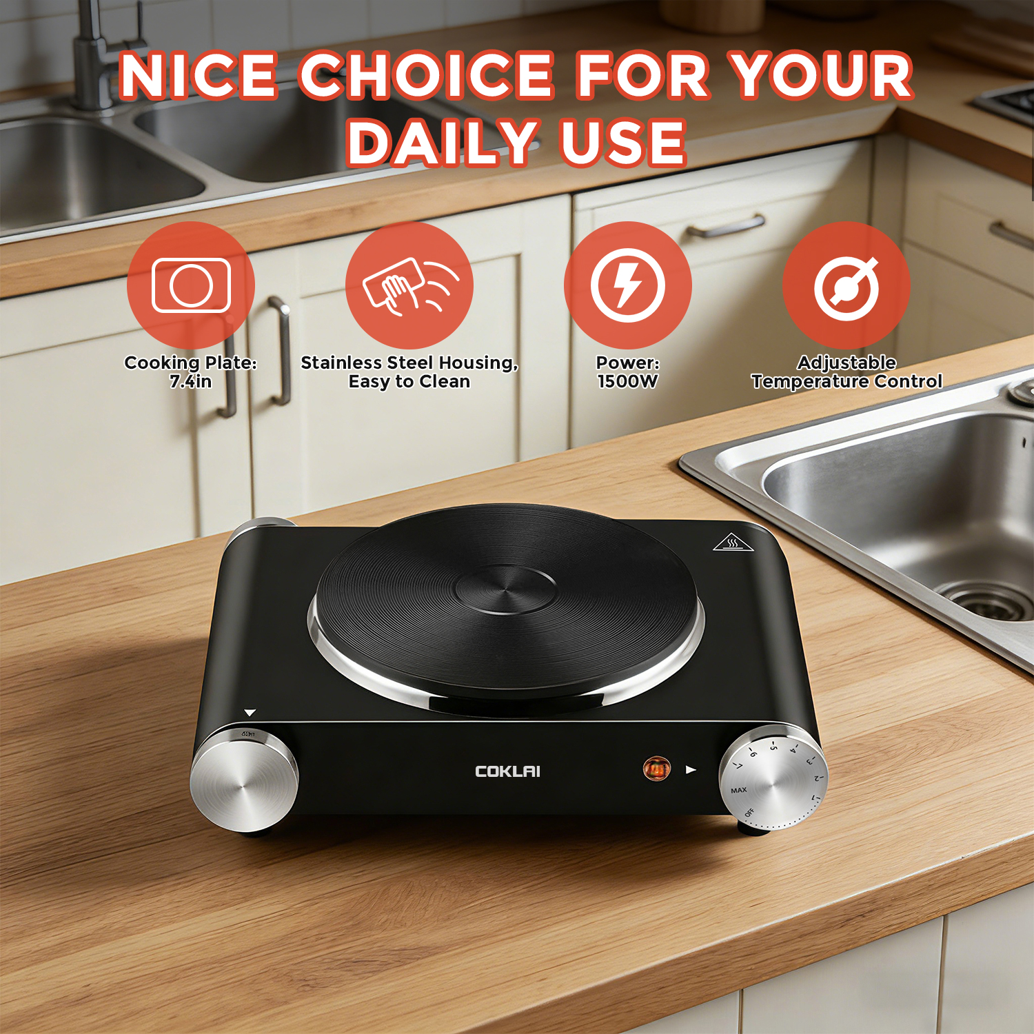 SP Coklai 1500W Electric Hot Plate for Cooking Portable Single Burner Heat-up in Seconds Adjustable Temperature Control Stainless Steel Black, 2026 Version