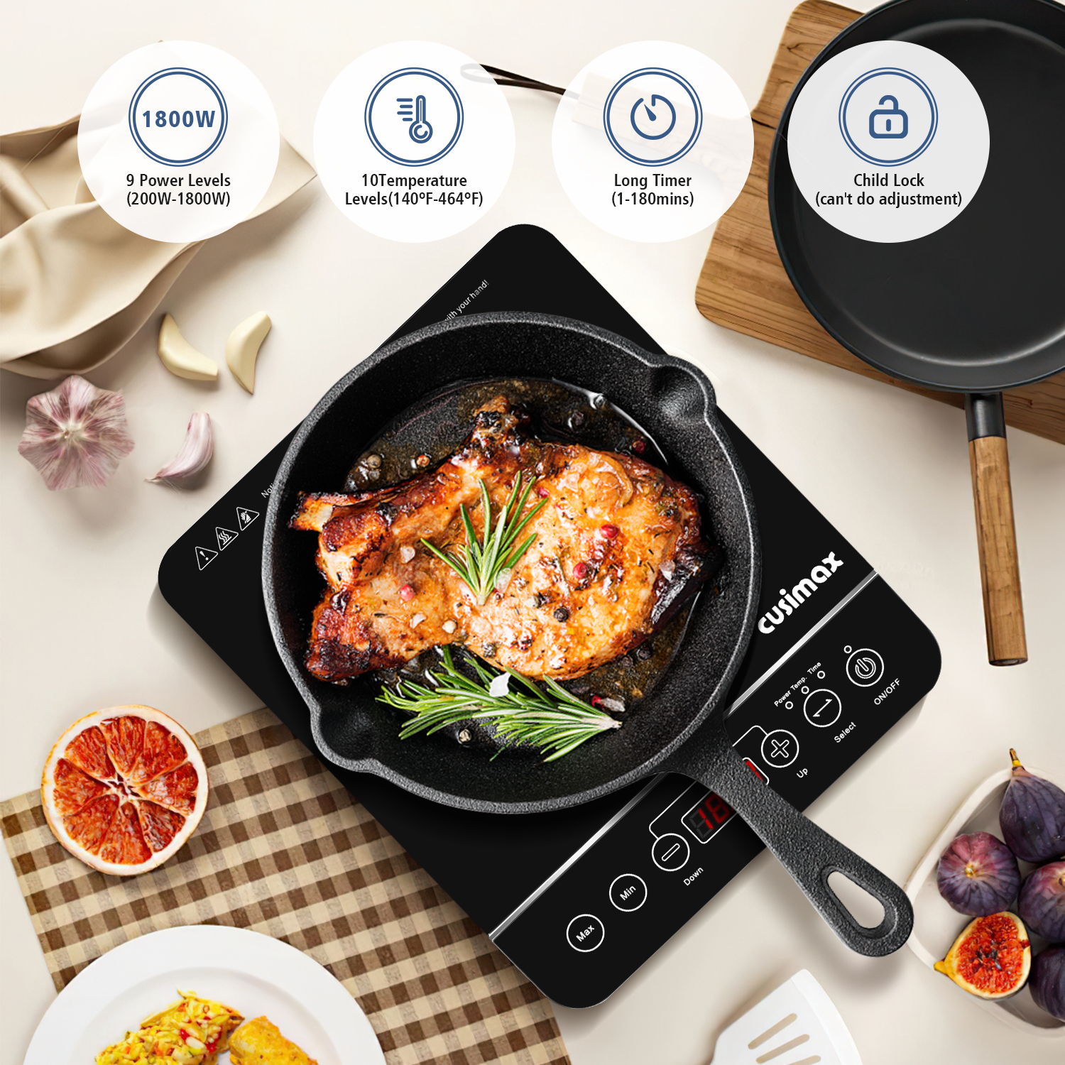 Cusimax Portable Induction Cooktop,Induction Hot Plate With Sensor Touch,10 Temperature and 9 Power Setting, Kids Safety Lock for Cast Iron, Stainless Steel Cookware