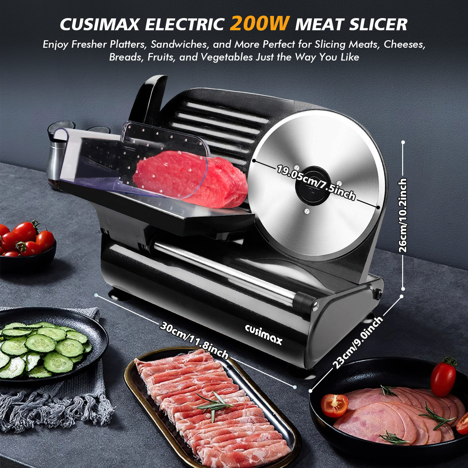 Cusimax 7.5 Inch Black Electric Deli Food Slicer(One Blade)