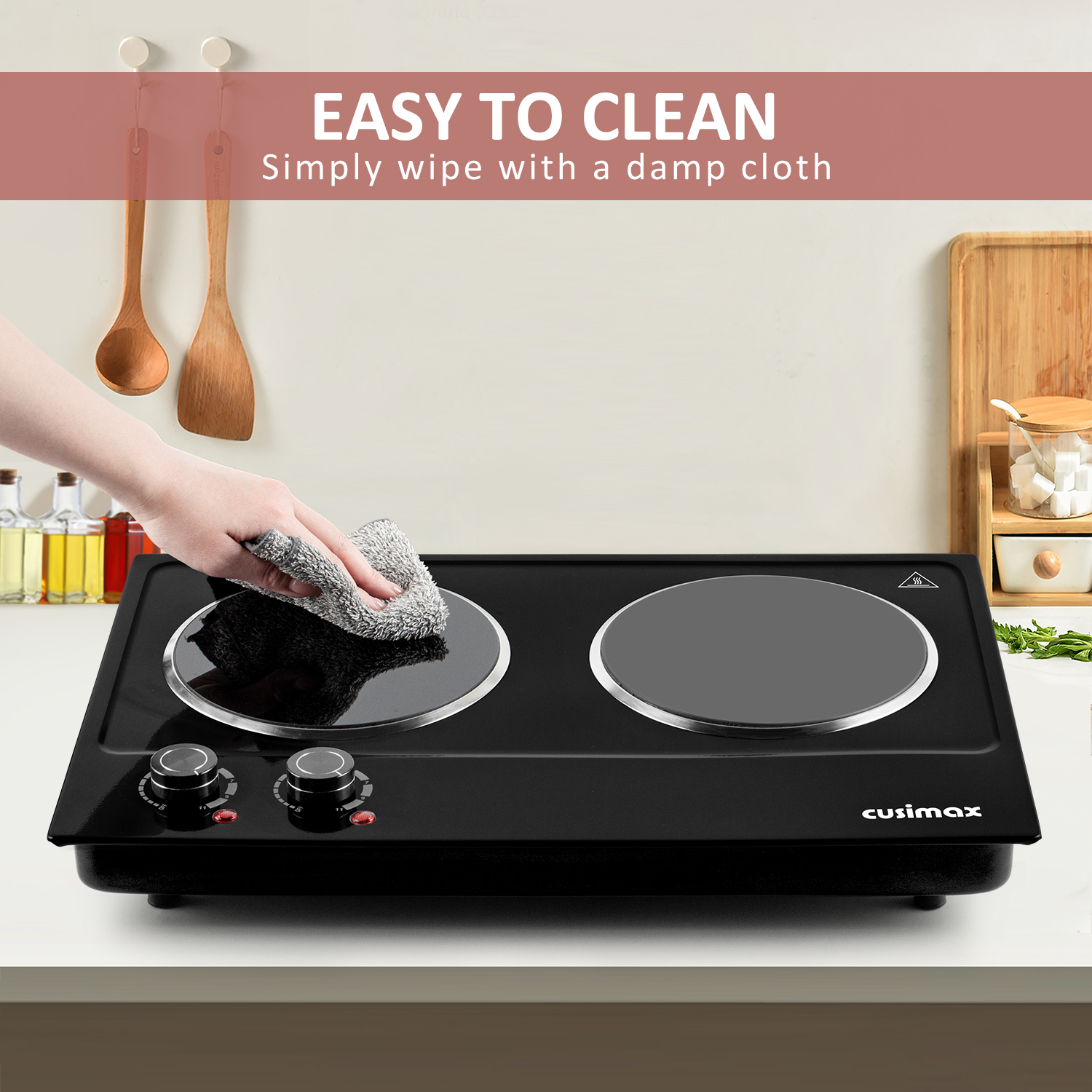 Cusimax 1800W Infrared Ceramic Electric Hot Plate for Cooking, Portable Countertop Burner Glass Heating Plate with 2 Knob Control,Stainless Steel Electric Stove,Easy To Clean,Upgraded Version