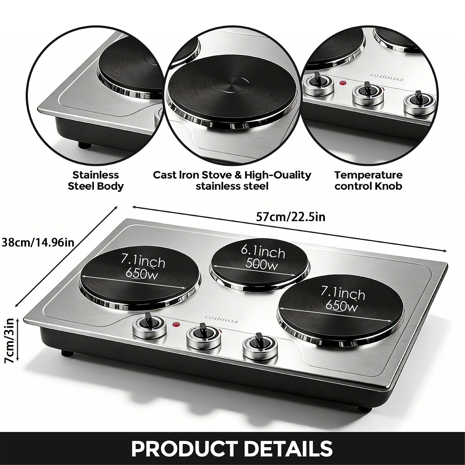 CUSIMAX 1800W Triple Burner Electric Cooktop, Cast Iron Heating Plates, Portable Countertop Stove with Durable Stainless Steel Design for Fast & Energy-Efficient Cooking