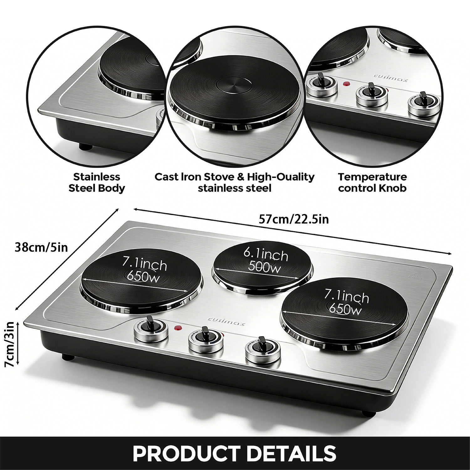 CUSIMAX 1800W Triple Burner Electric Hot Plate, Portable Stainless Steel Cooktop with 3 Independent Temperature Controls, Built-In or Countertop Electric Stove, Compatible with All Cookware