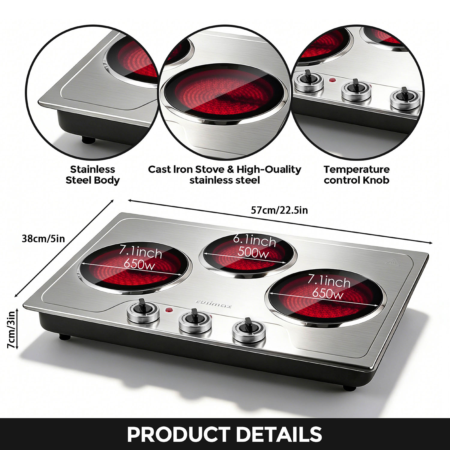 CUSIMAX 1800W Triple Infrared Electric Hot Plate, Portable Cooktop with 3 Independent Temperature Controls, Simultaneous Cooking for 3 Dishes, Compatible with All Cookware, Stainless Steel, Easy to Clean