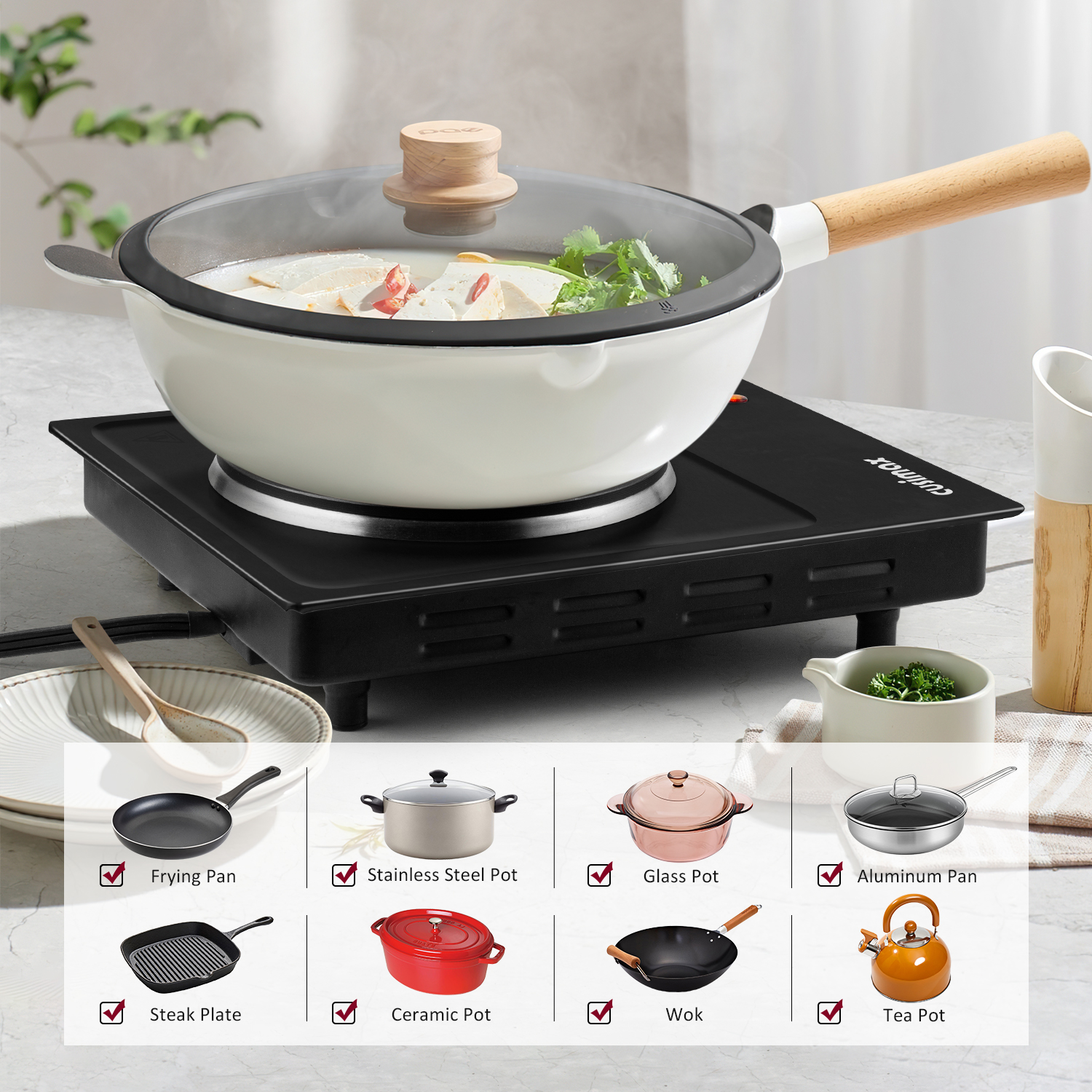 CUSIMAX 1500W Electric Hot Plate – Portable Single Burner with Stainless Steel Surface, Easy-to-Clean Design – Ideal for Countertop Cooking, Indoor & Outdoor Use