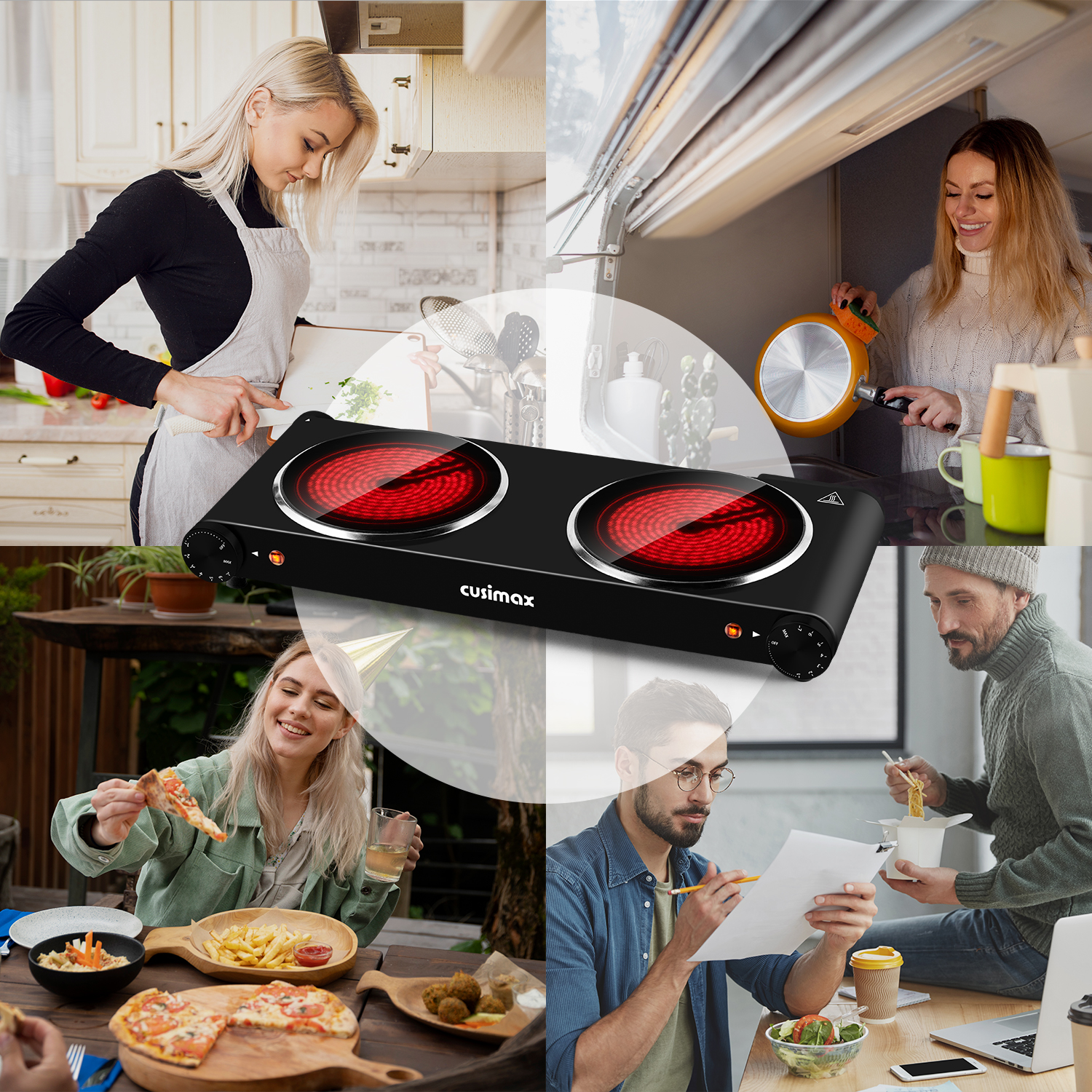 Cusimax Portable 2-Burner 7.1 in. Electric Hot Plate,1800W Glass Dual Countertop Electric Cooktop,Dual Control Stainless Steel Infrared Electric Stove,Compact Stove For Home Dorm Office