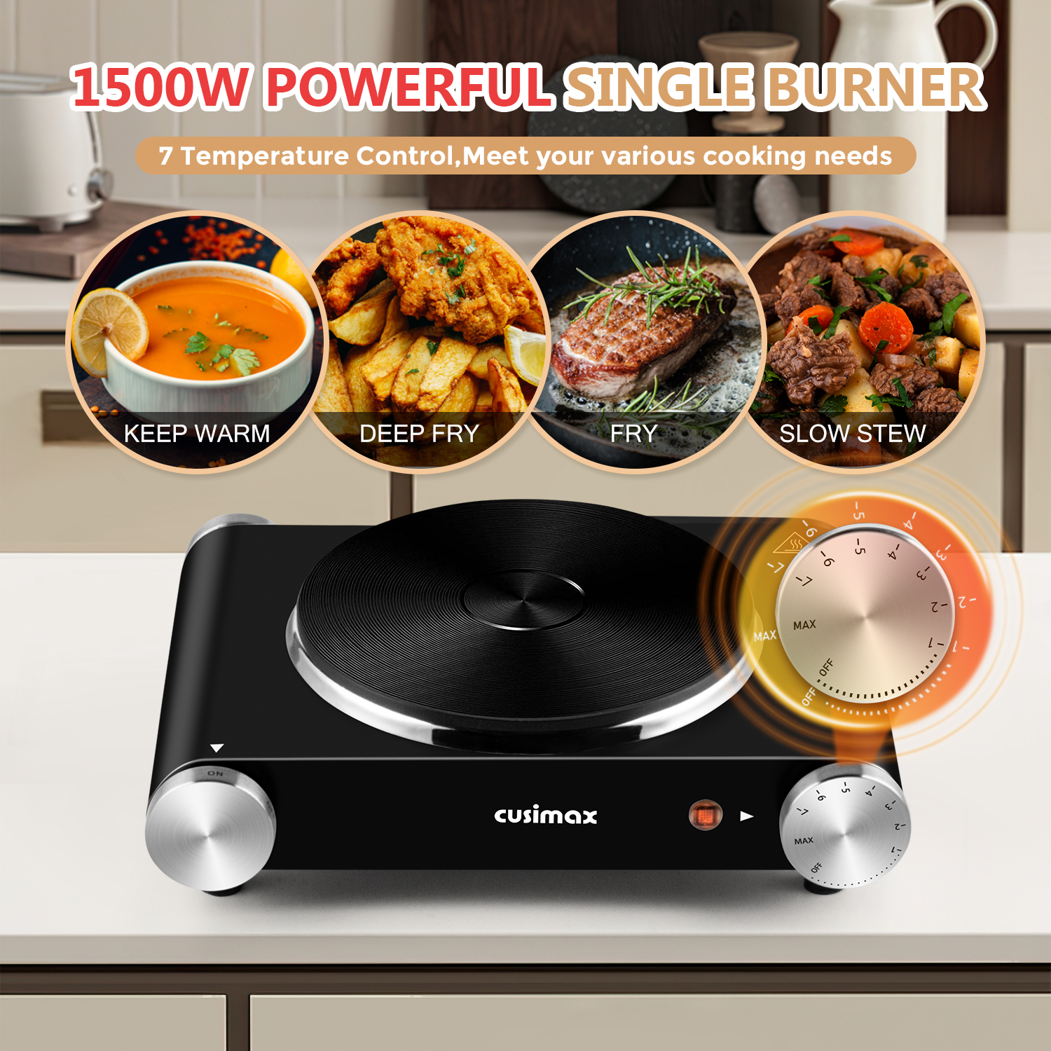 Cusimax Electric Hot Plate For Cooking,1500W Stainless Steel Single Burner With Temperature Control,For All Cookware,Great For RV/Home/Camping