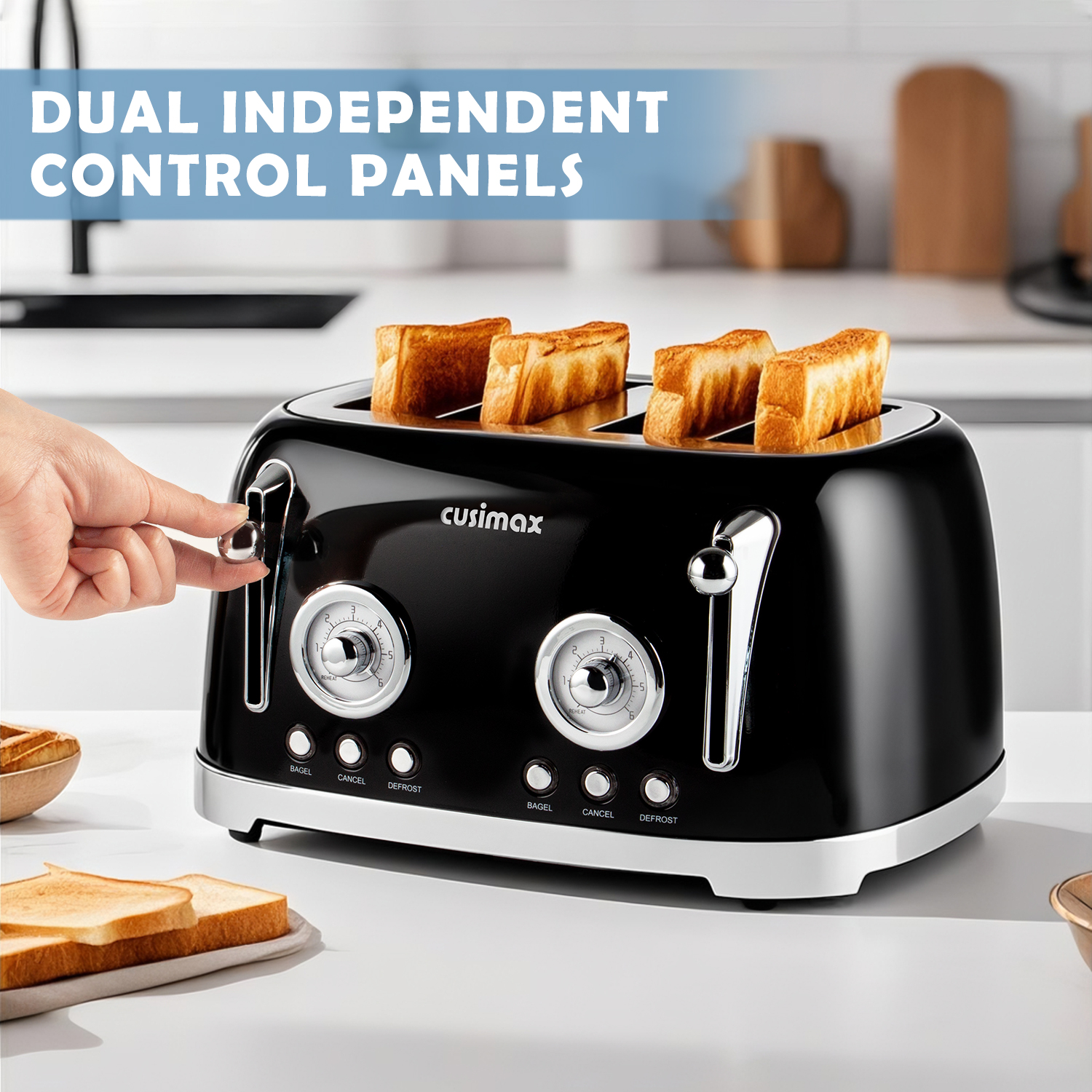 Cusimax Retro Toaster 4 Slice with Extra Wide Slots for Bagels and Waffles,6 Browning Levels and 4 Functions,Stainless Steel Toaster with Auto Shut-off and Cancel Button,Removable Crumb Tray