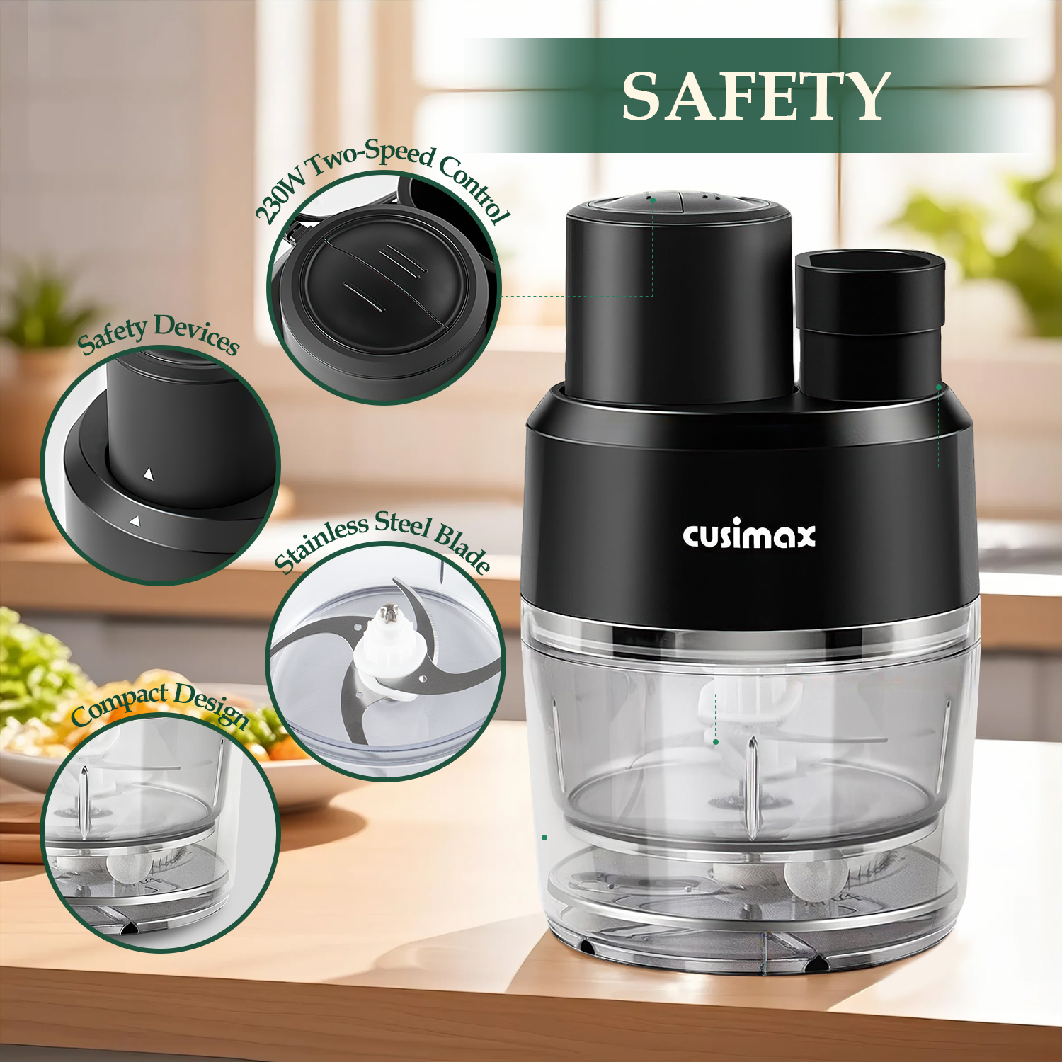 Cusimax Food Processor,Electric Food Chopper with Double Bowls, Easy to Veg,Meat,Fruit,3 In 1 Vegetable Chopper,2-Speed 230w Motor,Have Safety Settings,Black