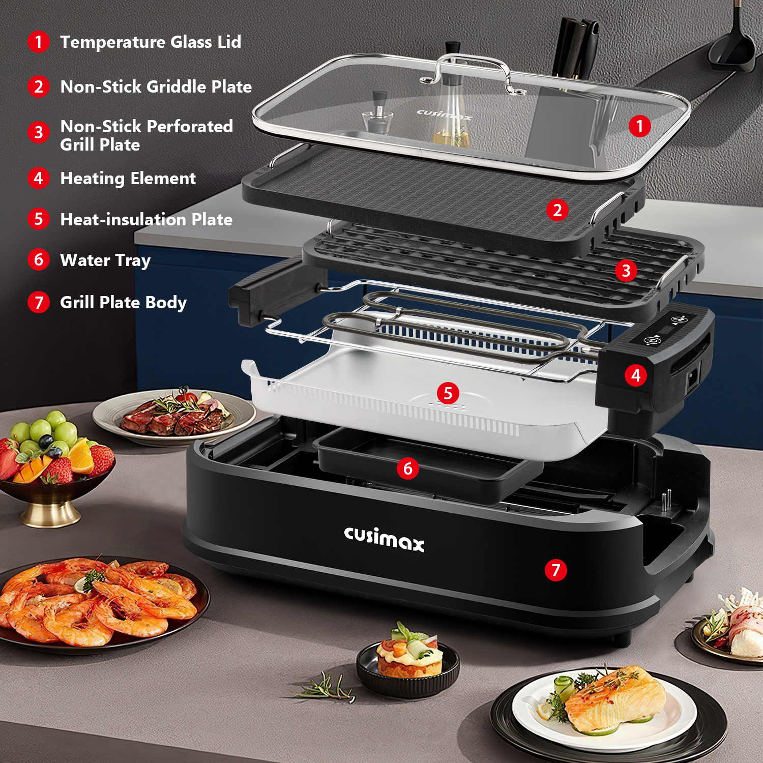 Cusimax Smokeless Electric Grill with Turbo Smoke Extractor, Portable Grill with 2 Non-Stick Grill Plates, Stainless Steel Indoor Grill for Home and BBQ Parties