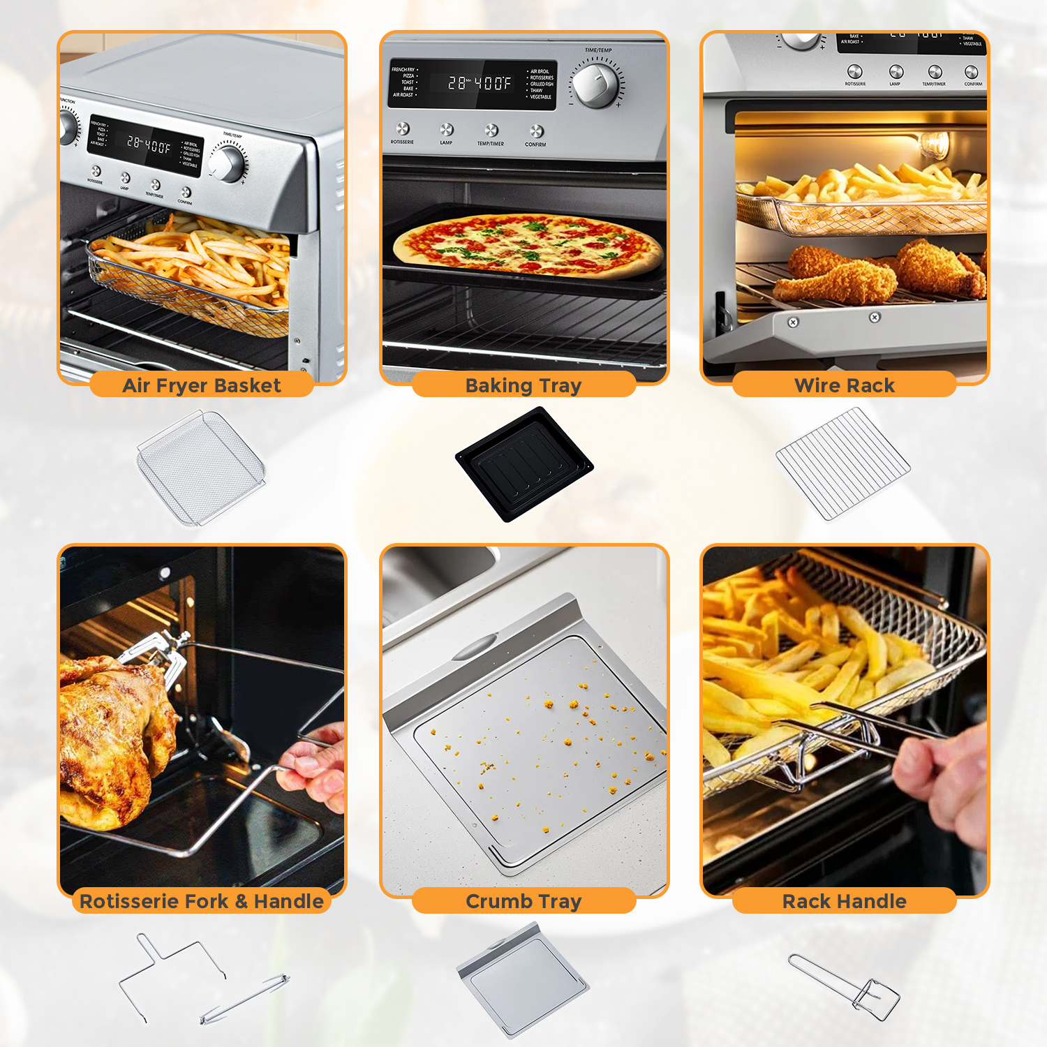 Cusimax Air Fryer Oven Countertop, 10-in-1 Convection Oven, 24QT Combo Countertop Toaster Oven with Rotisserie & Dehydrator, Rich Accessories, Silver