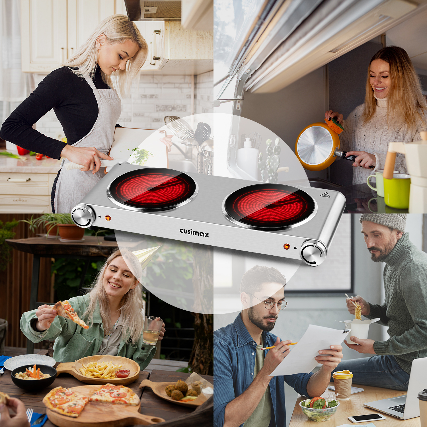 Cusimax Portable 2-Burner 7.1 in. Electric Hot Plate,1800W Glass Dual Countertop Electric Cooktop,Dual Control Stainless Steel Infrared Electric Stove,Compact Stove For Home Dorm Office