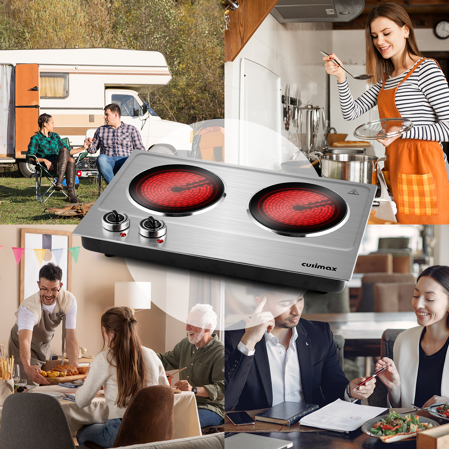 Cusimax 2400W Double Burner - Portable Electric Ceramic Hot Plate with Infrared Heating, Dual Temperature Control, Fast Heat-Up, Sleek Silver Design(UK)