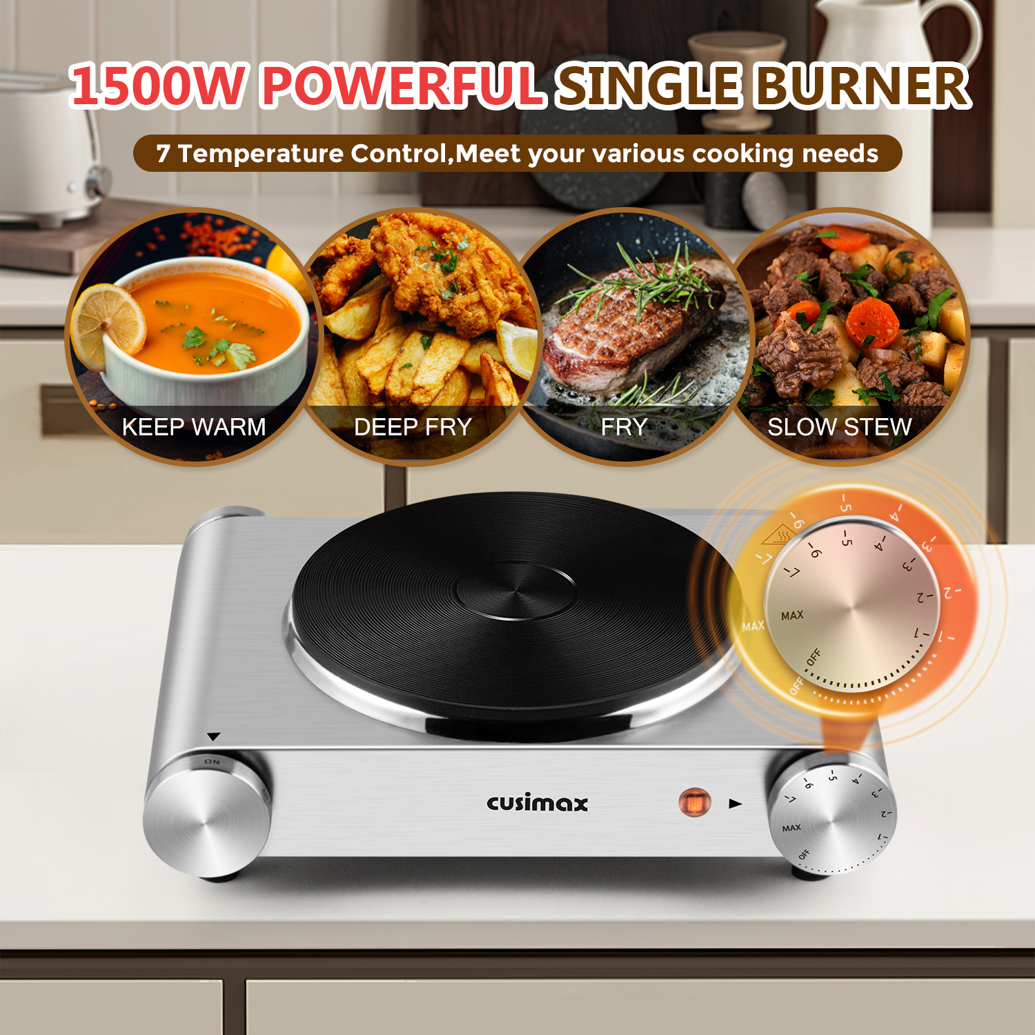 Cusimax Electric Hot Plate For Cooking,1500W Stainless Steel Single Burner With Temperature Control,For All Cookware,Great For RV/Home/Camping