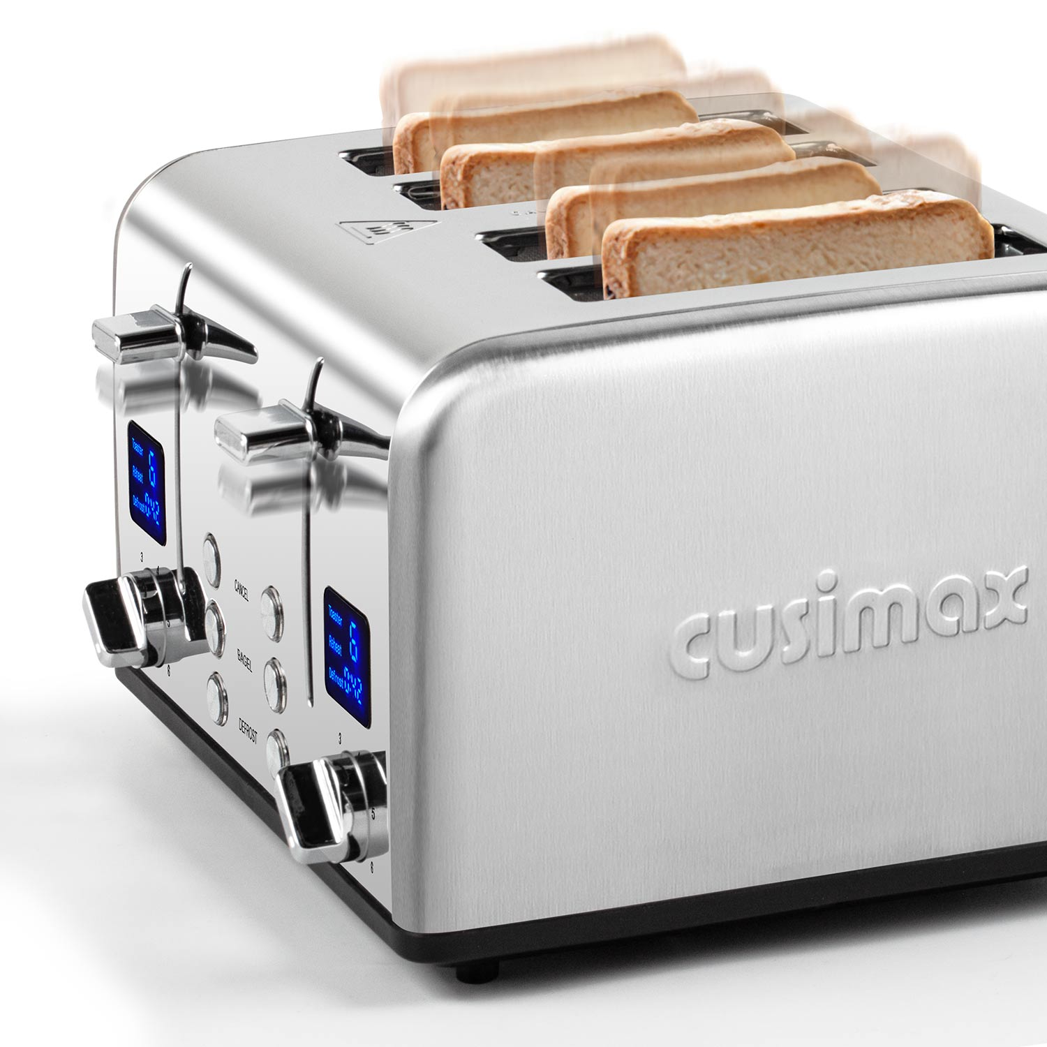 Cusimax 4 Slice Toaster, Stainless Steel Toaster with Ultra-Clear LED Display & Extra Wide Slots, Dual Control Panels of 6 Shade Settings, Cancel/Bagel/Defrost Function, Removable Crumb Trays(DE/FR/IT/ES)