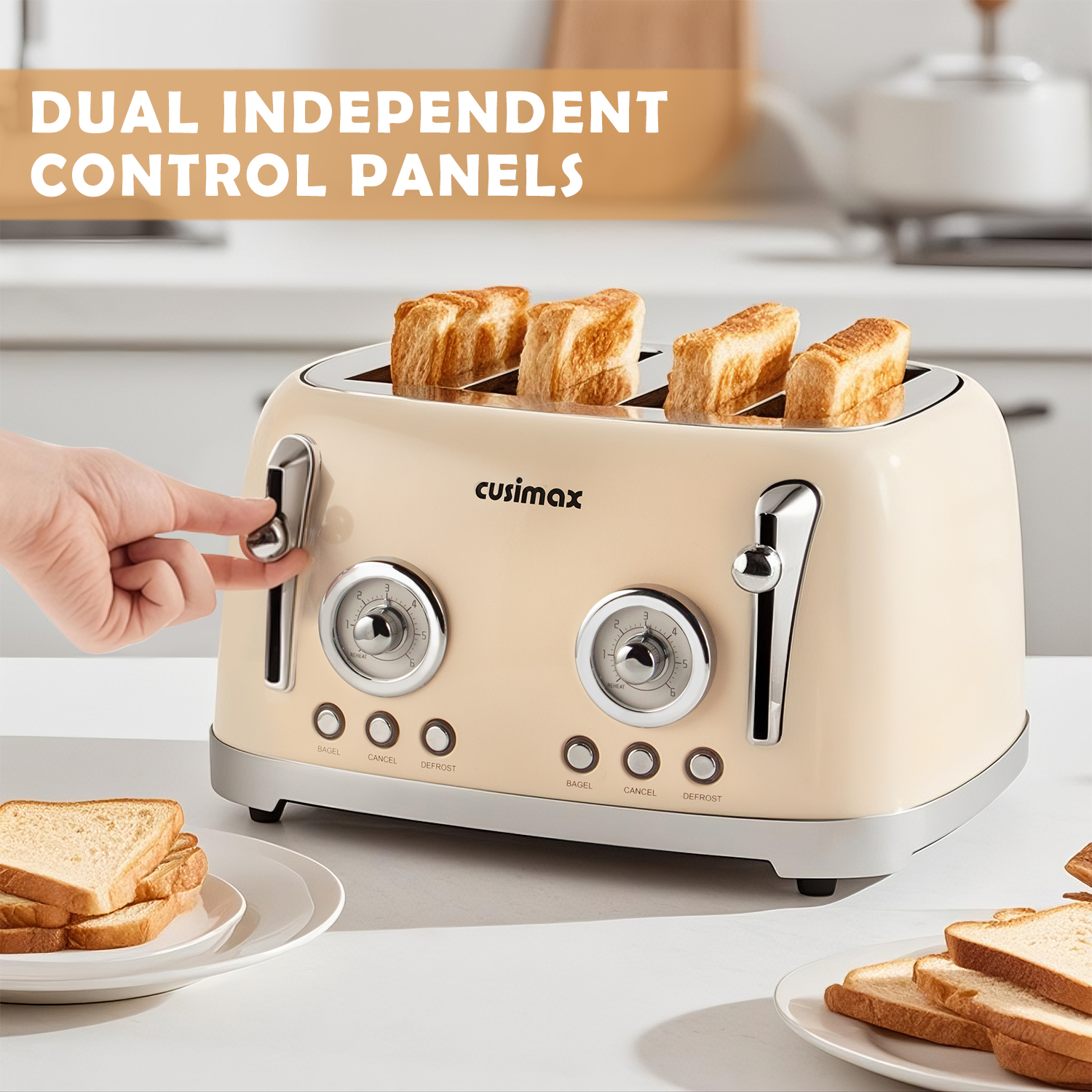 Cusimax Retro Toaster 4 Slice with Extra Wide Slots for Bagels and Waffles,6 Browning Levels and 4 Functions,Stainless Steel Toaster with Auto Shut-off and Cancel Button,Removable Crumb Tray