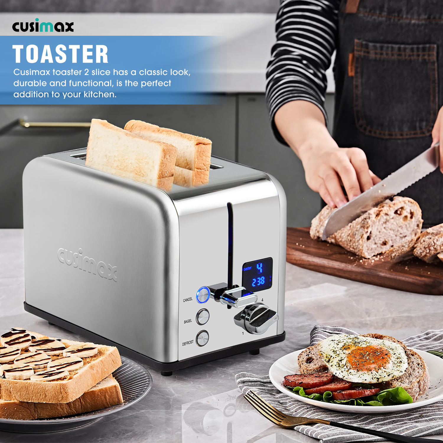 Cusimax Brushed Stainless Steel 2 Slice Toaster with Large LED Display,Extra Wide Slots & Removable Crumb Tray,6 Browning Settings,Cancel/Bagel/Defrost Function