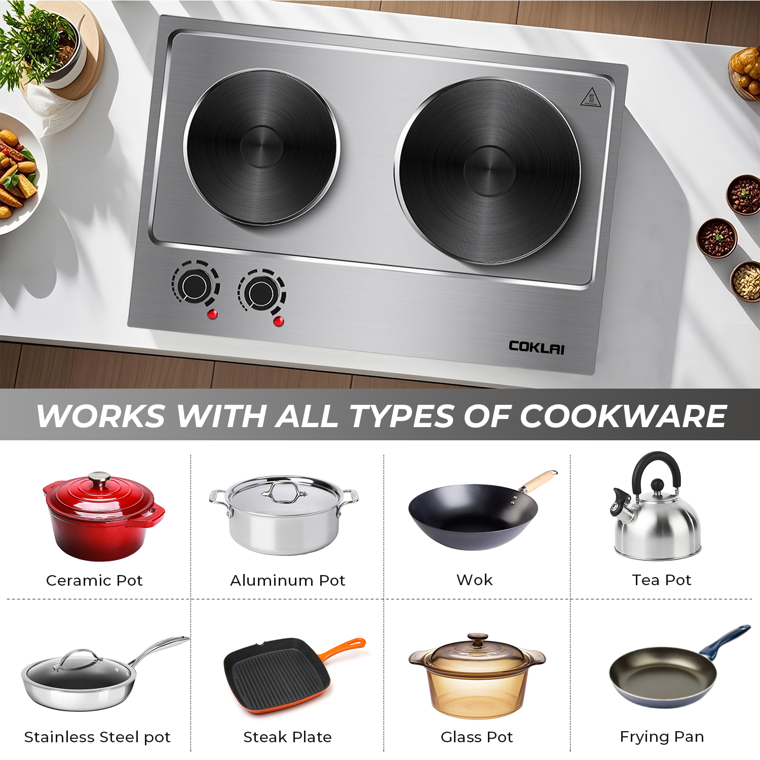 SP Coklai 1800W Portable Double Burner Hot Plate – Stainless Steel Countertop Electric Cooktop with Dual Cast Iron Heating Plates, Easy-to-Clean Silver Design, 2026 Version