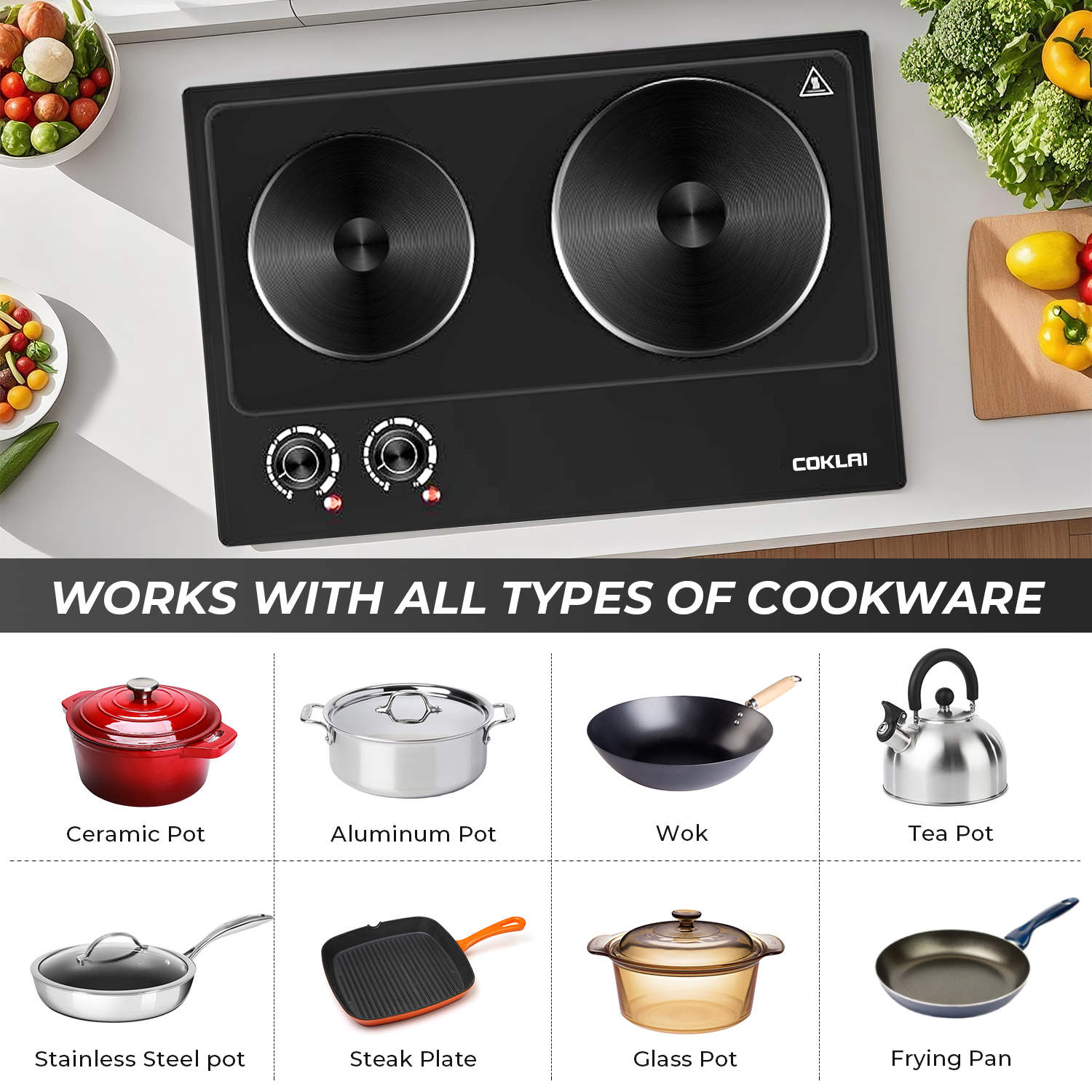 SP Coklai 1800W Portable Double Burner Hot Plate, Stainless Steel Countertop Electric Cooktop, Easy-to-Clean Silver Design, 2026 Version 24-month warranty