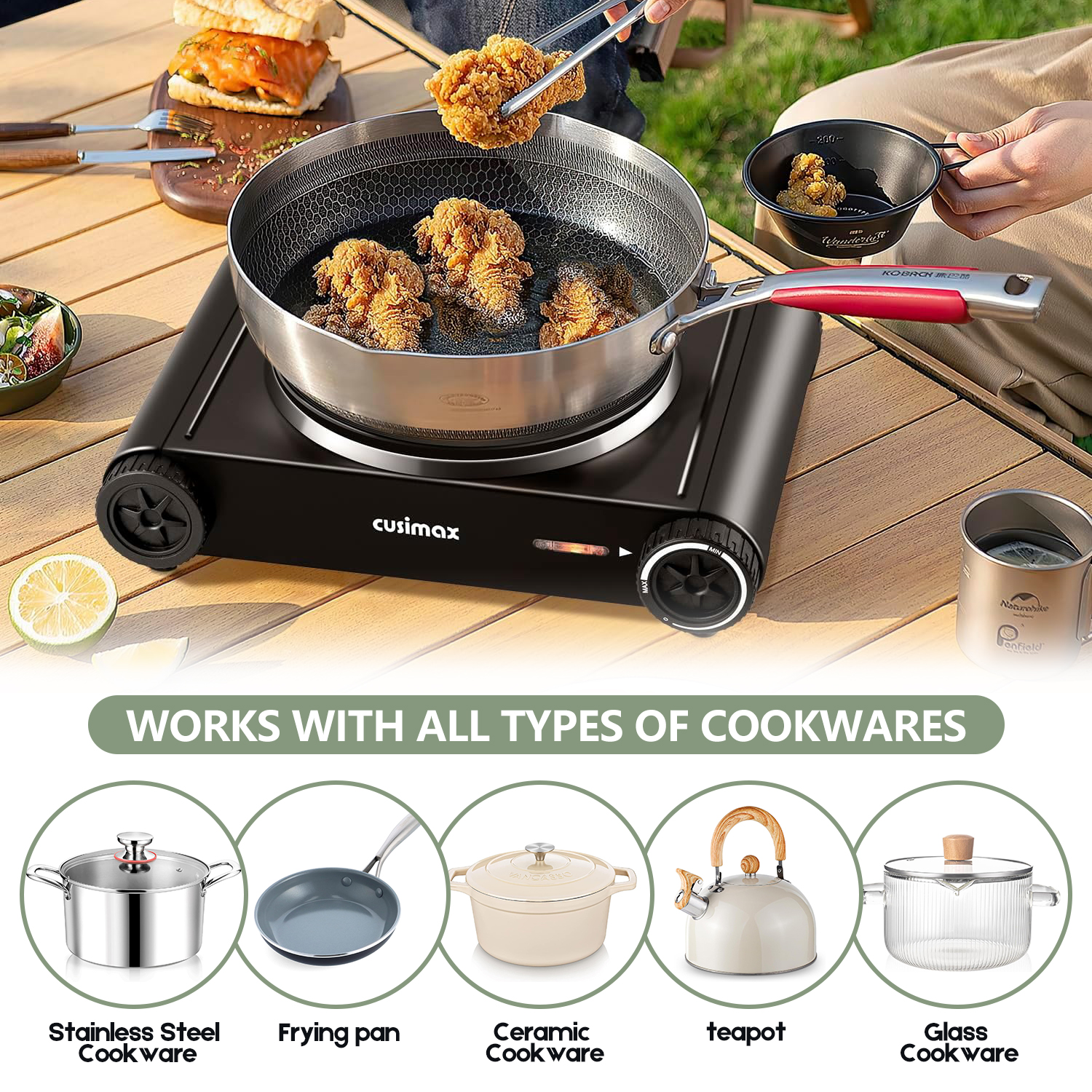 Cusimax Portable Electric Hot Plate for Cooking,1500W Countertop Single Burner, Cast Iron Stove, Concealed Handle, Temperature Controls, Compatible for All Cookwares