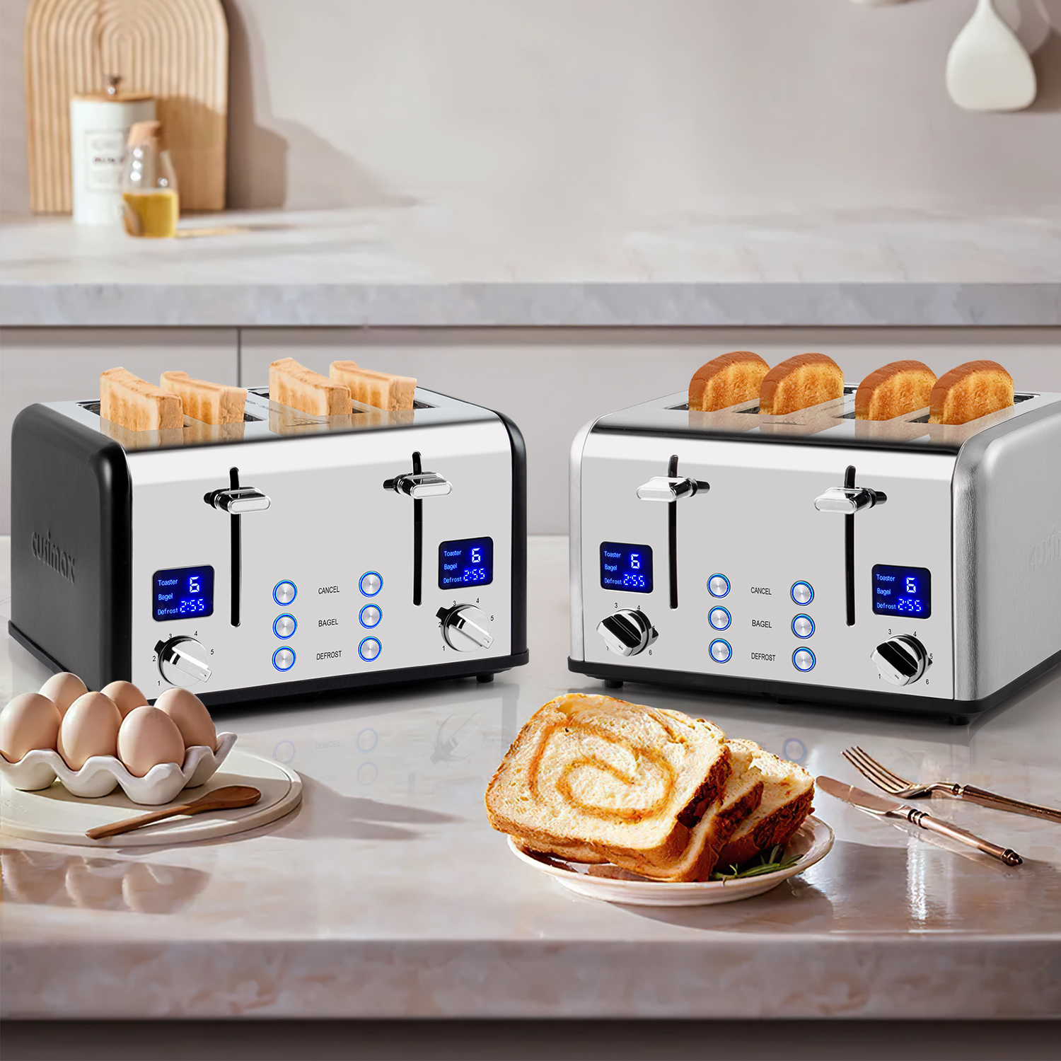 Cusimax 4 Slice Toaster, Stainless Steel Toaster with Ultra-Clear LED Display & Extra Wide Slots, Dual Control Panels of 6 Shade Settings, Cancel/Bagel/Defrost Function, Removable Crumb Trays(UK)
