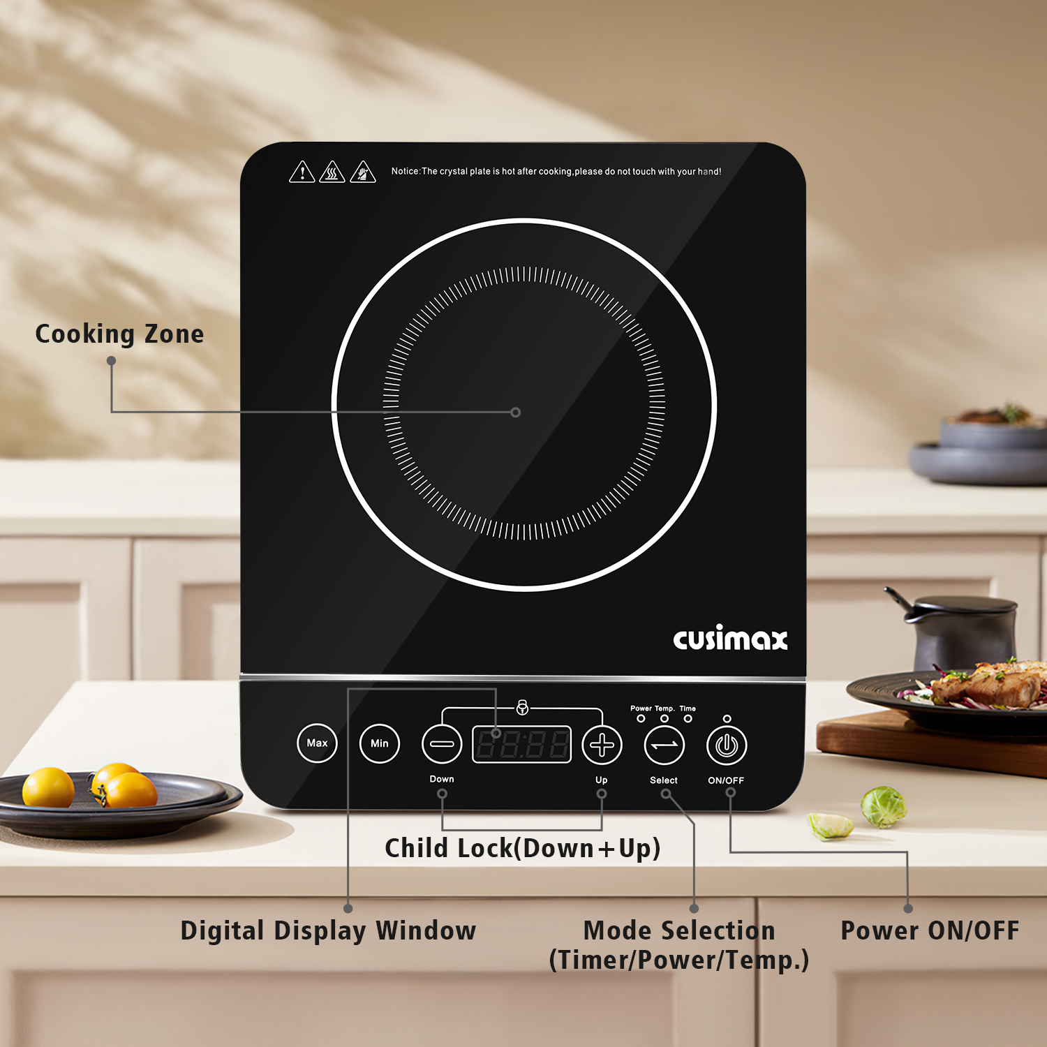 Cusimax Portable Induction Cooktop,Induction Hot Plate With Sensor Touch,10 Temperature and 9 Power Setting, Kids Safety Lock for Cast Iron, Stainless Steel Cookware