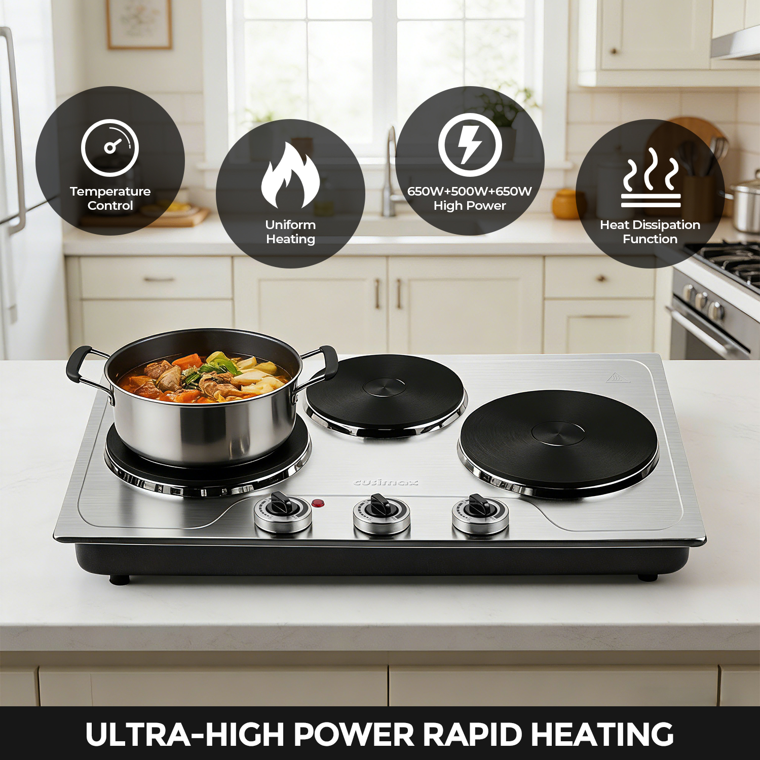 CUSIMAX 1800W Triple Burner Electric Hot Plate, Portable Stainless Steel Cooktop with 3 Independent Temperature Controls, Built-In or Countertop Electric Stove, Compatible with All Cookware