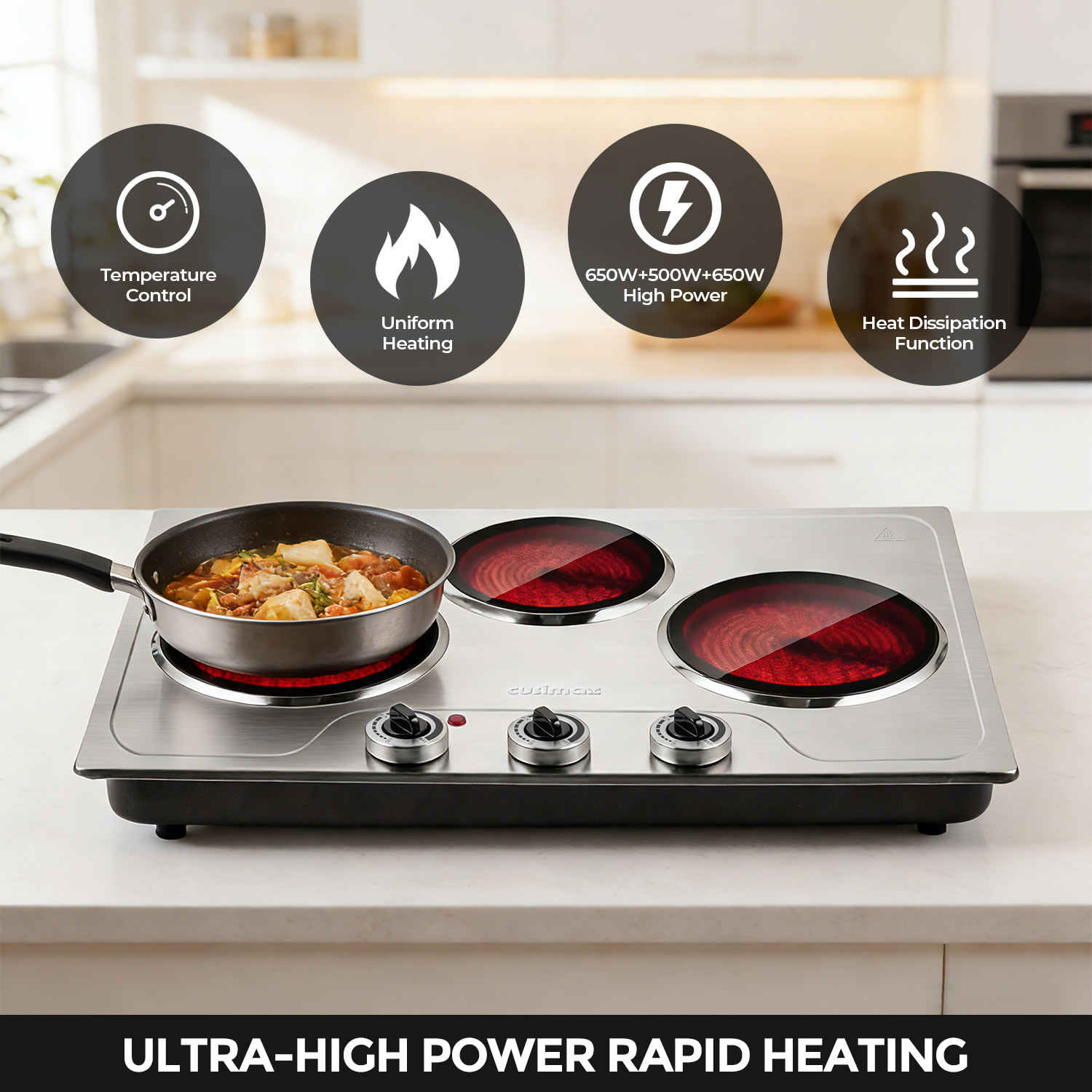 CUSIMAX 1800W Triple Infrared Electric Hot Plate, Portable Cooktop with 3 Independent Temperature Controls, Simultaneous Cooking for 3 Dishes, Compatible with All Cookware, Stainless Steel, Easy to Clean