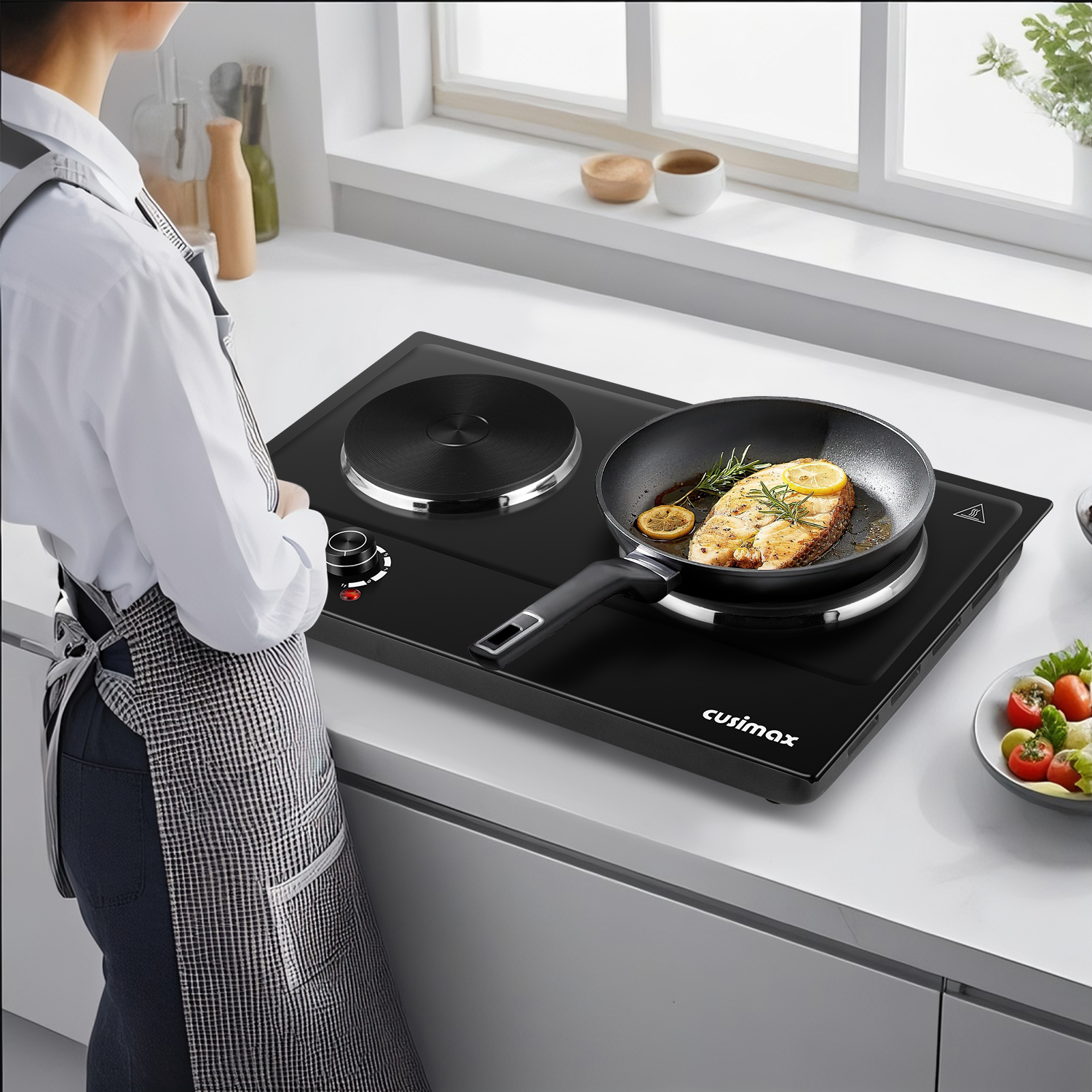 Cusimax 1800W Portable Double Hot Plate,Stainless Steel Countertop Cooktop,Cast Iron Electric Double Burner,Easy To Clean