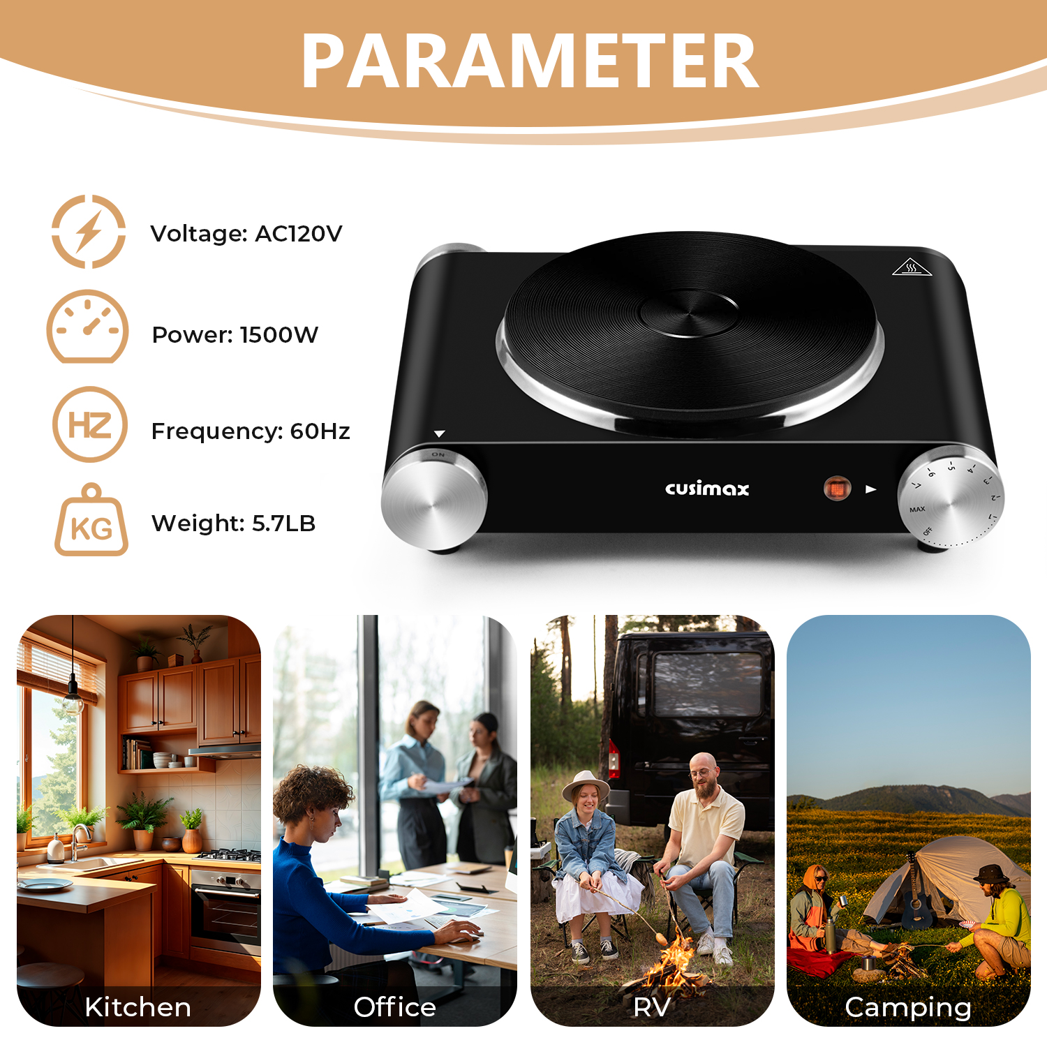 Cusimax Electric Hot Plate For Cooking,1500W Stainless Steel Single Burner With Temperature Control,For All Cookware,Great For RV/Home/Camping