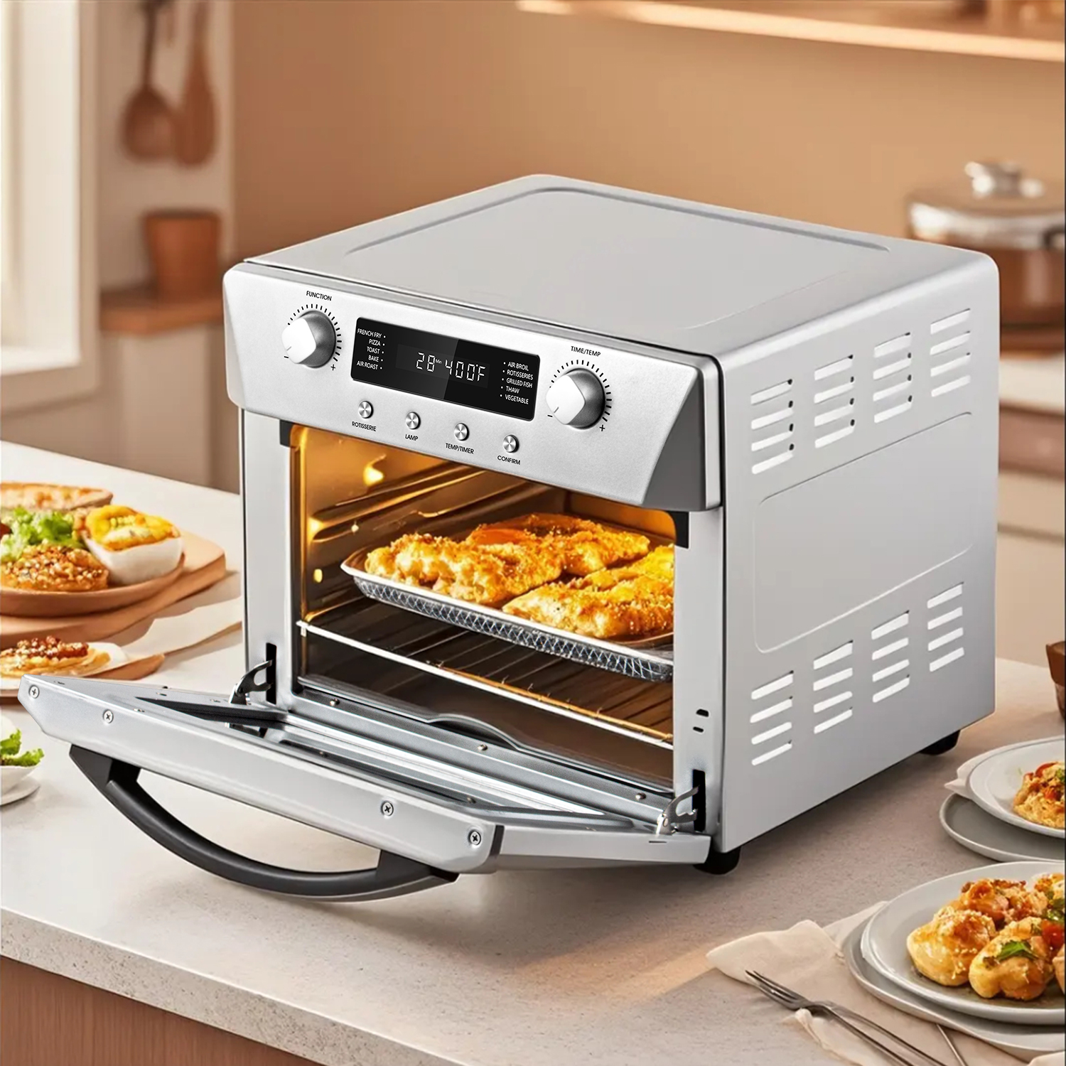 Cusimax Air Fryer Oven Countertop, 10-in-1 Convection Oven, 24QT Combo Countertop Toaster Oven with Rotisserie & Dehydrator, Rich Accessories, Silver