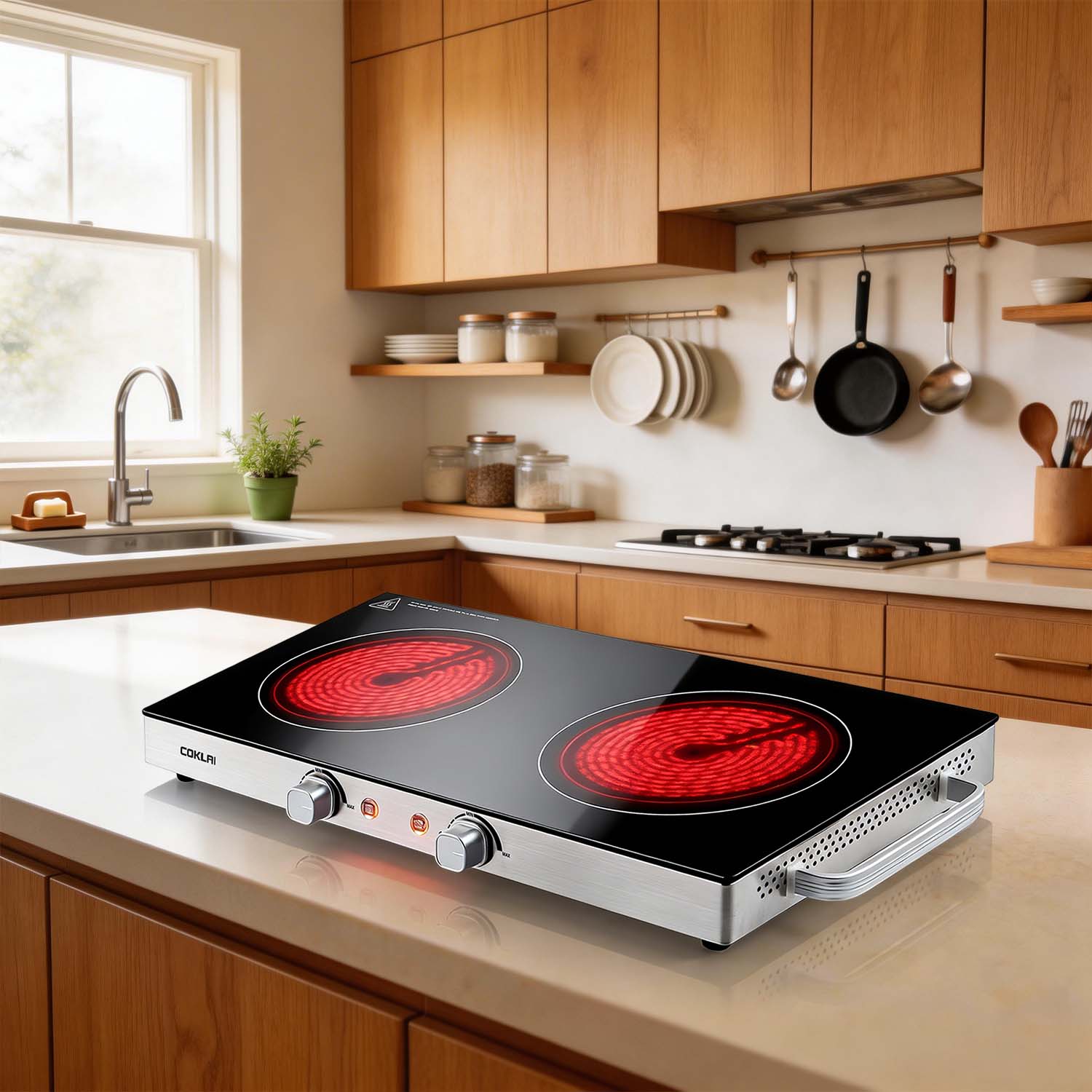 SP COKLAI Double Burner Infrared Glass Electric Hot Plate, Portable Cooktop with Adjustable Temperature, Easy-Clean Surface for Kitchen, Dorm, RV & Camping