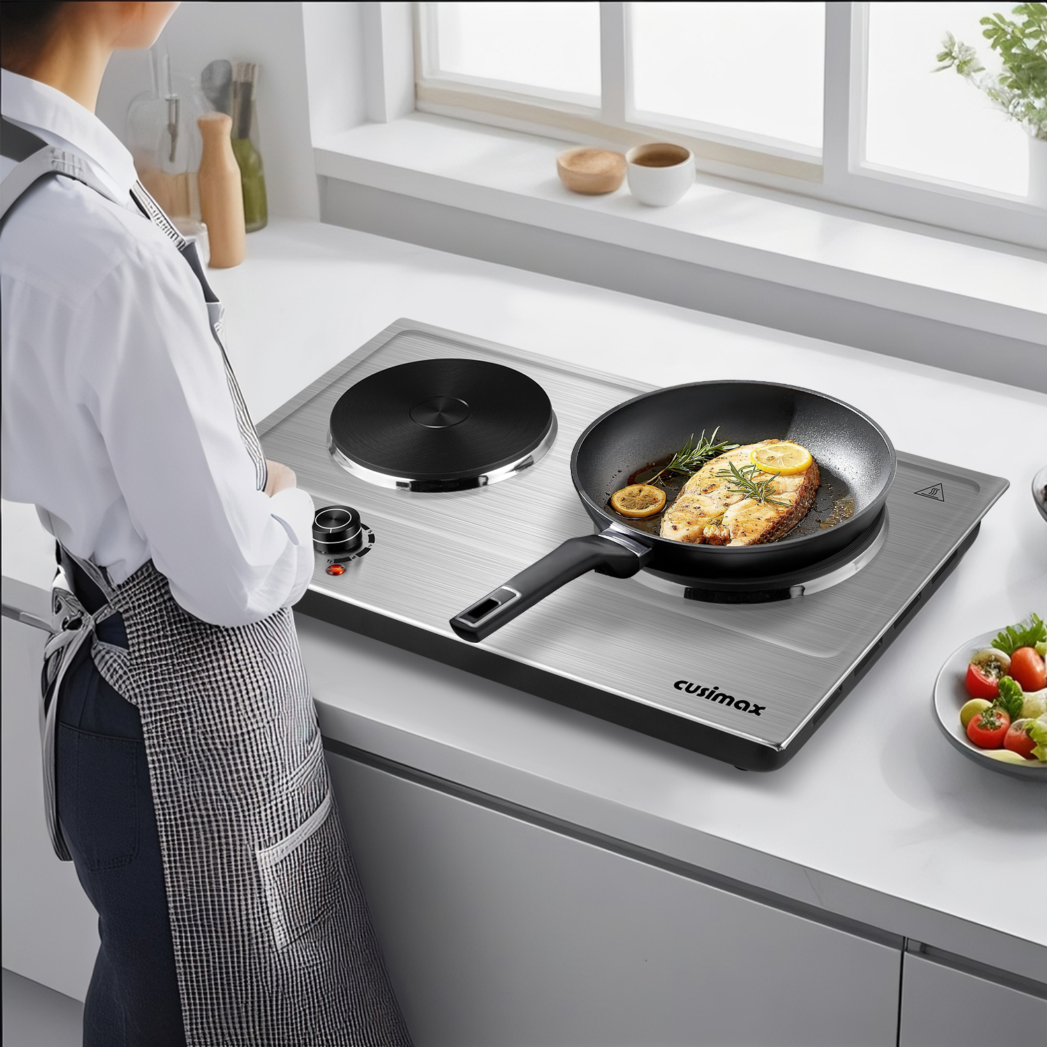 Cusimax 1800W Portable Double Hot Plate,Stainless Steel Countertop Cooktop,Cast Iron Electric Double Burner,Easy To Clean