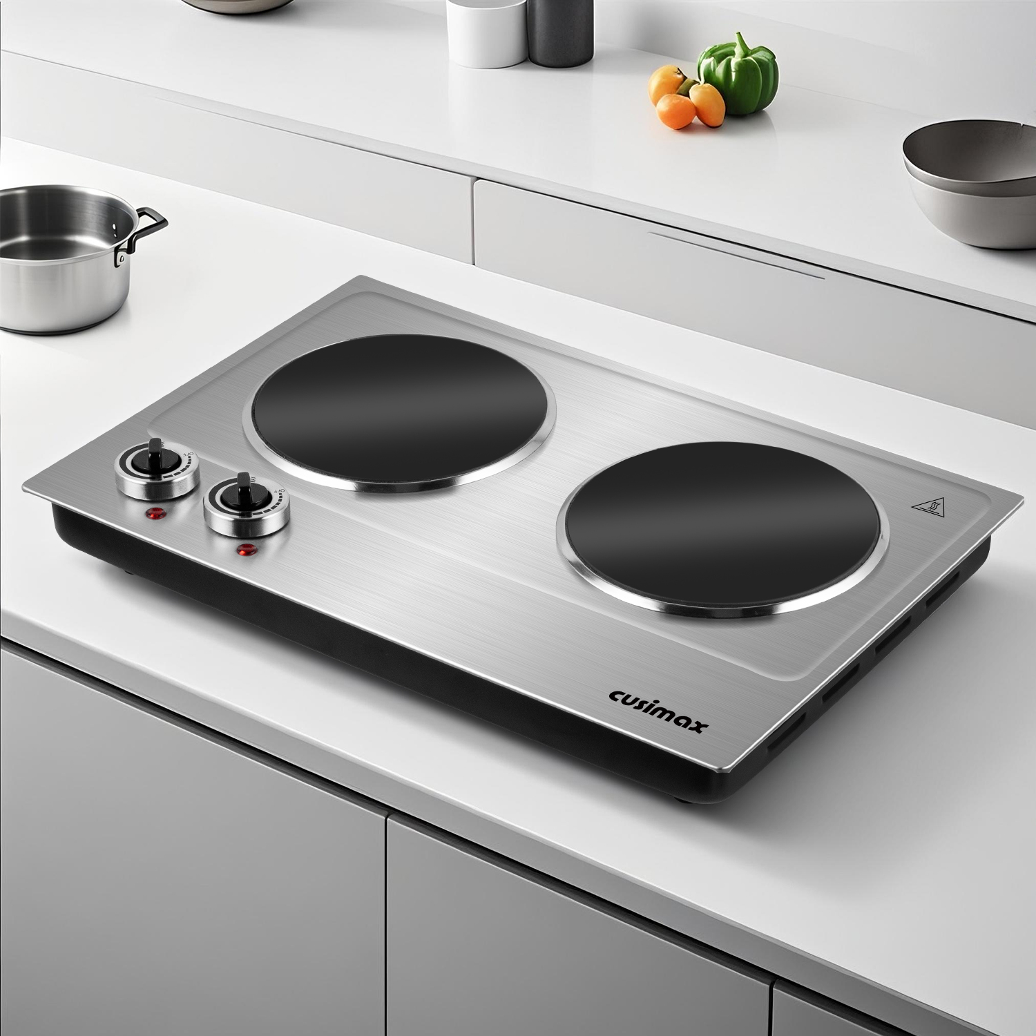 Cusimax 2400W Double Burner - Portable Electric Ceramic Hot Plate with Infrared Heating, Dual Temperature Control, Fast Heat-Up, Sleek Silver Design(UK)