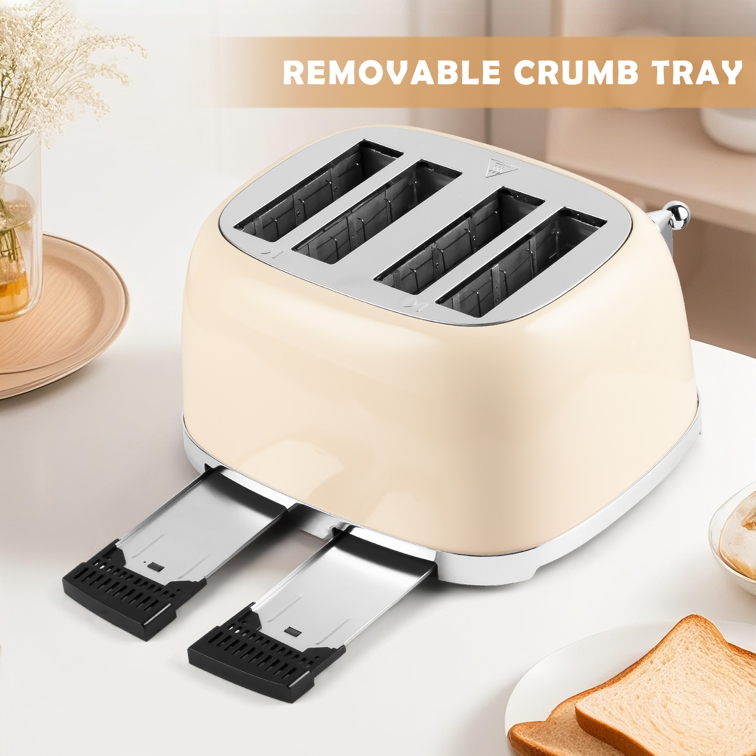 Cusimax Retro Toaster 4 Slice with Extra Wide Slots for Bagels and Waffles,6 Browning Levels and 4 Functions,Stainless Steel Toaster with Auto Shut-off and Cancel Button,Removable Crumb Tray