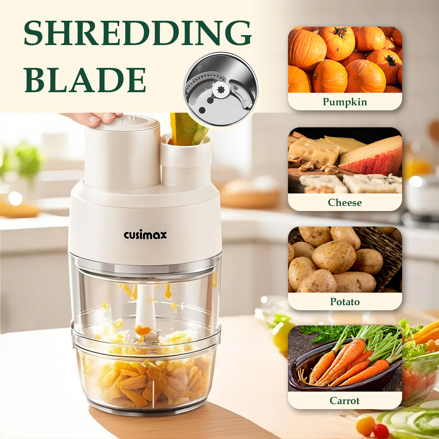 Cusimax Electric Salad Shooter, 230w 2-Speed Control Electric Slicer for Home,Food Processor Easy to Cheese, Vegetable, Meat and Nut,Food Bowl