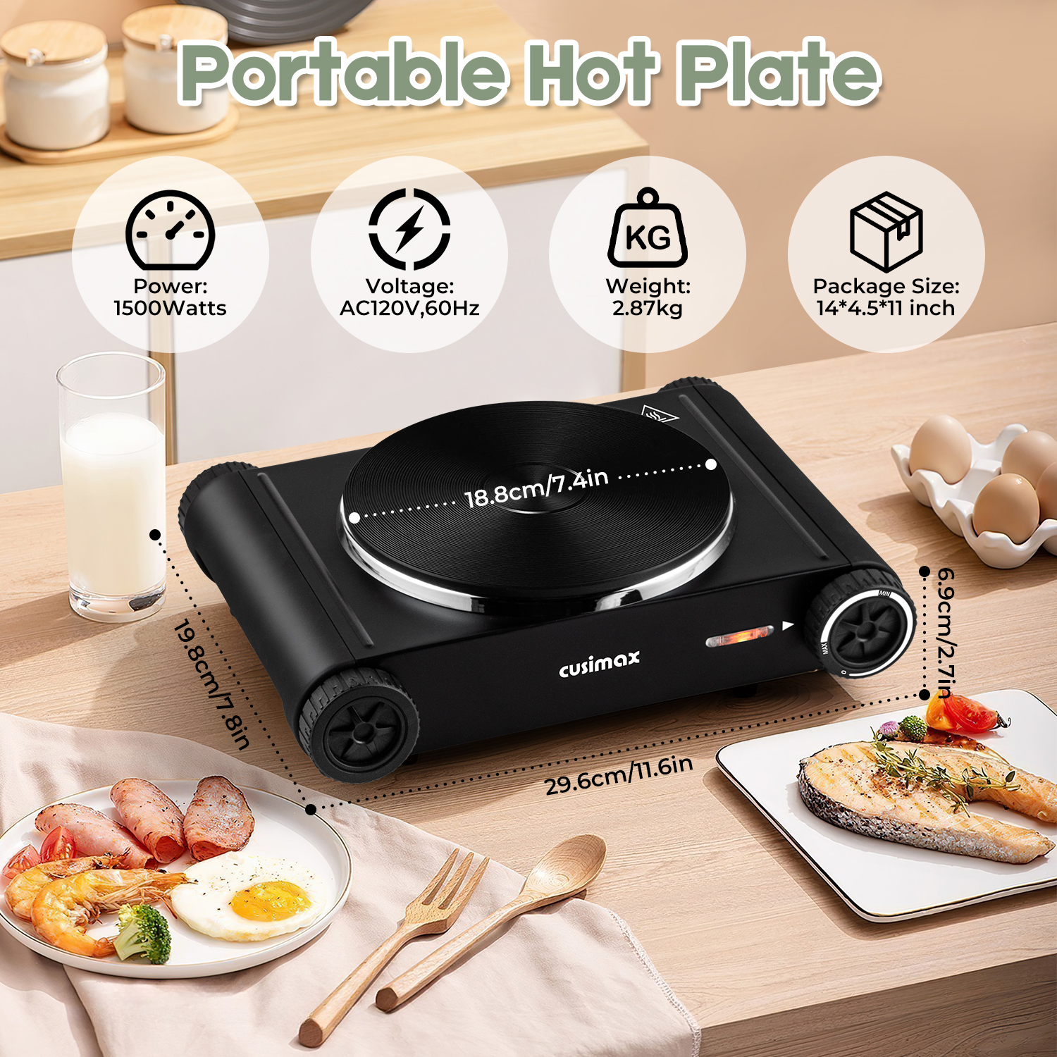Cusimax Portable Electric Hot Plate for Cooking,1500W Countertop Single Burner, Cast Iron Stove, Concealed Handle, Temperature Controls, Compatible for All Cookwares