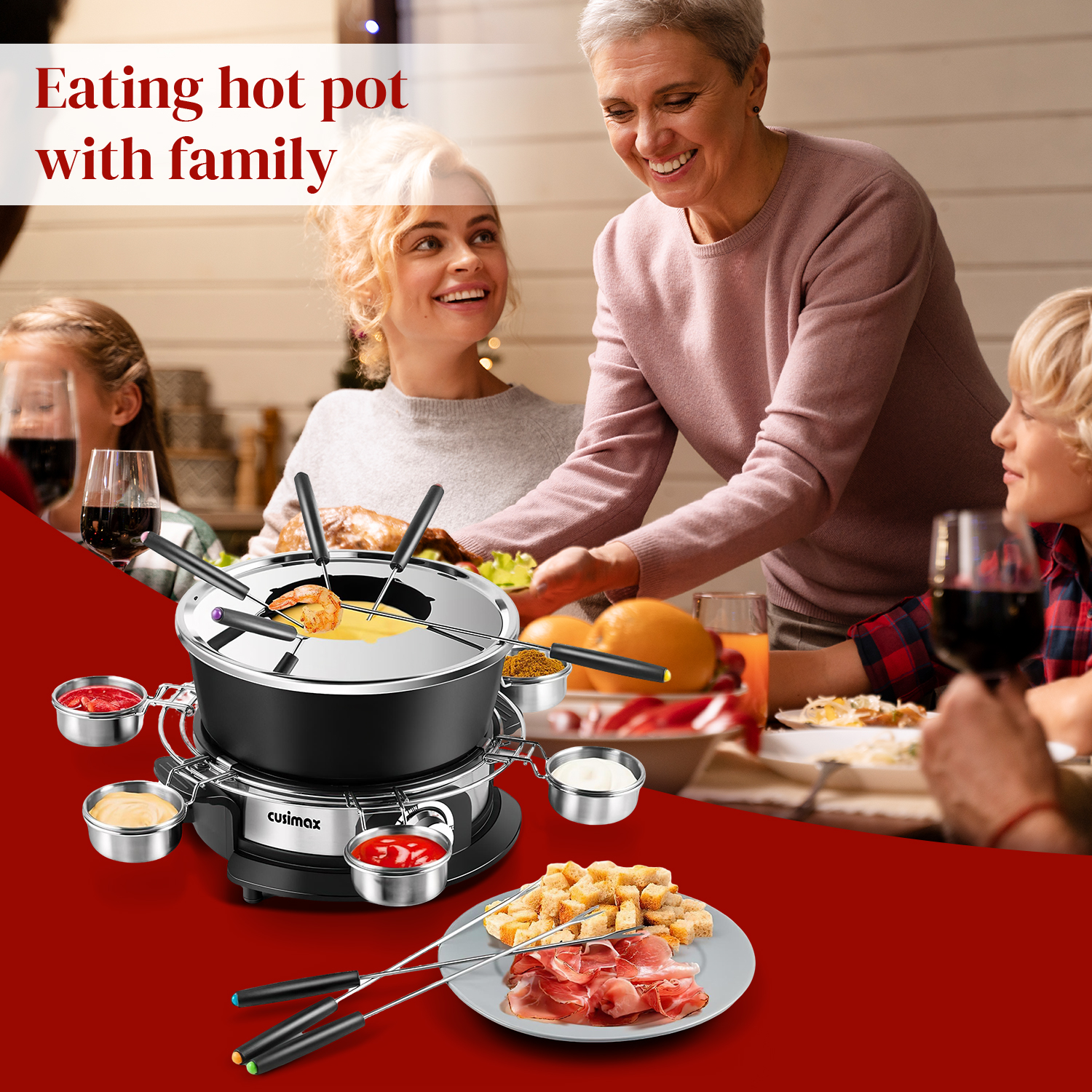 CUSIMAX 1300W Electric Fondue Set – 2L Non-Stick Pot with Temperature Knob, Includes 8 Forks, 6 Cups & Removable Anti-Scald Handle – Perfect for Cheese, Chocolate & Broth（DE）
