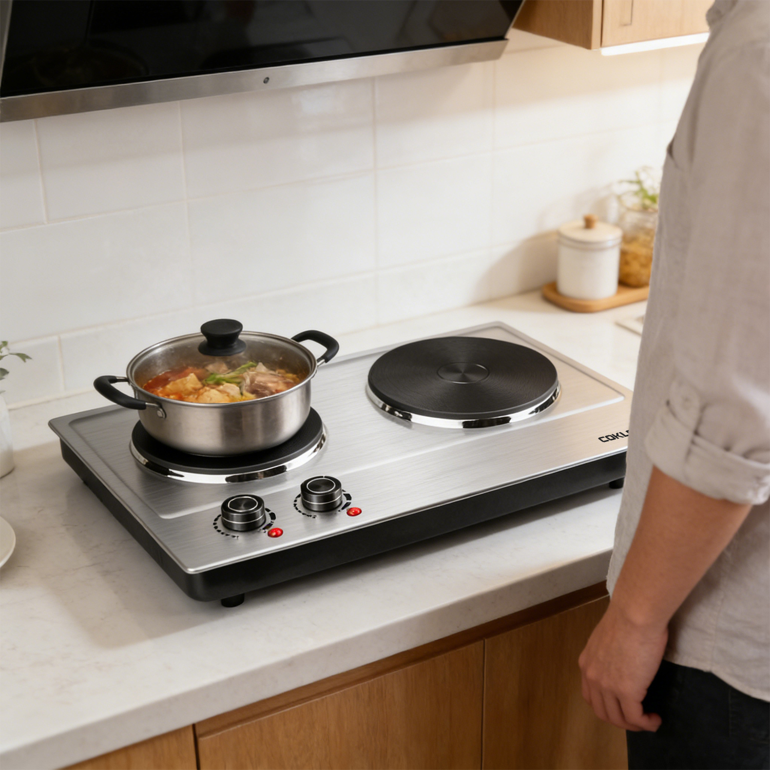 SP Coklai 1800W Portable Double Burner Hot Plate – Stainless Steel Countertop Electric Cooktop with Dual Cast Iron Heating Plates, Easy-to-Clean Silver Design, 2026 Version